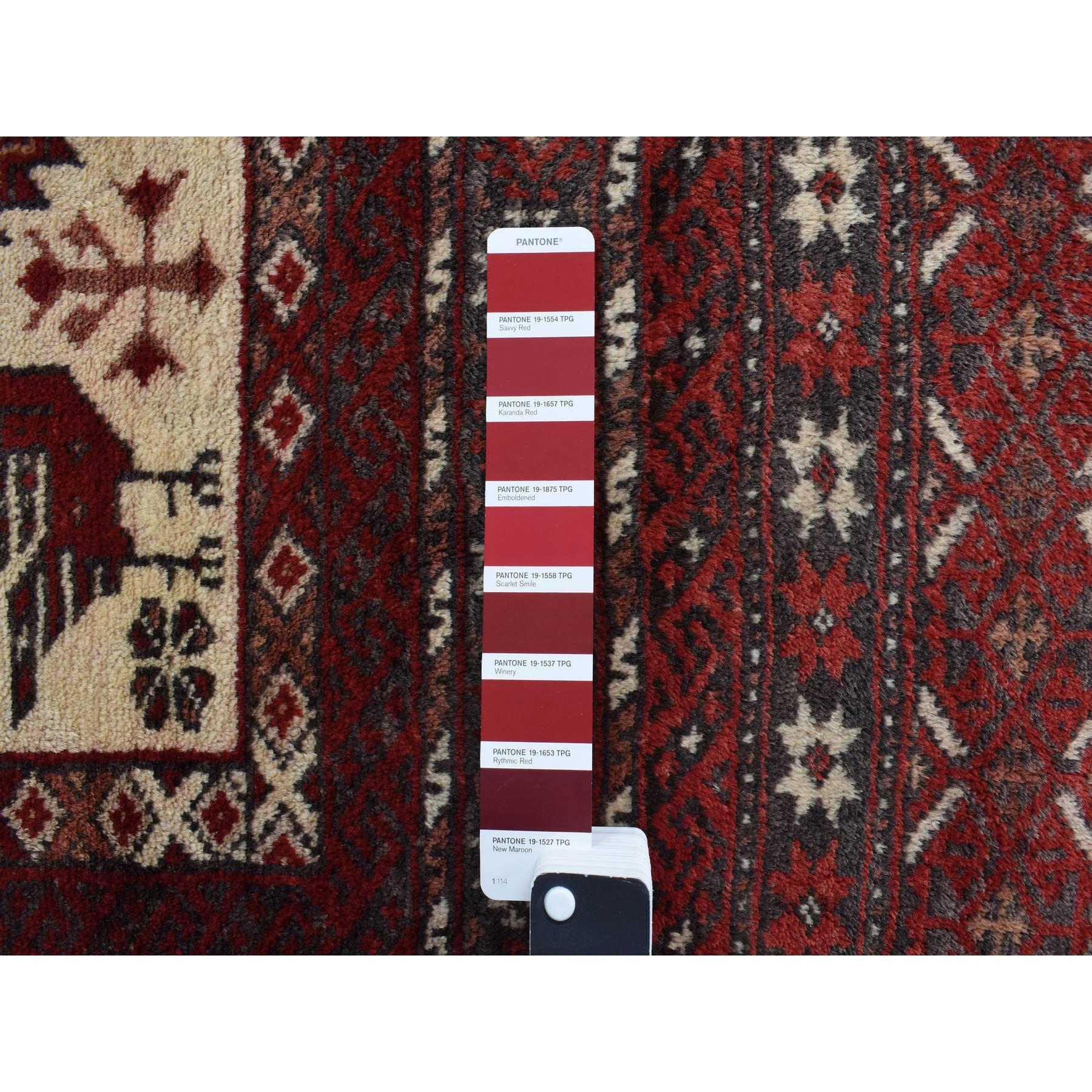 Hand-Knotted Red Old Persian Baluch Geometric Pure Wool Hand Knotted Full Pile Rug 3'7