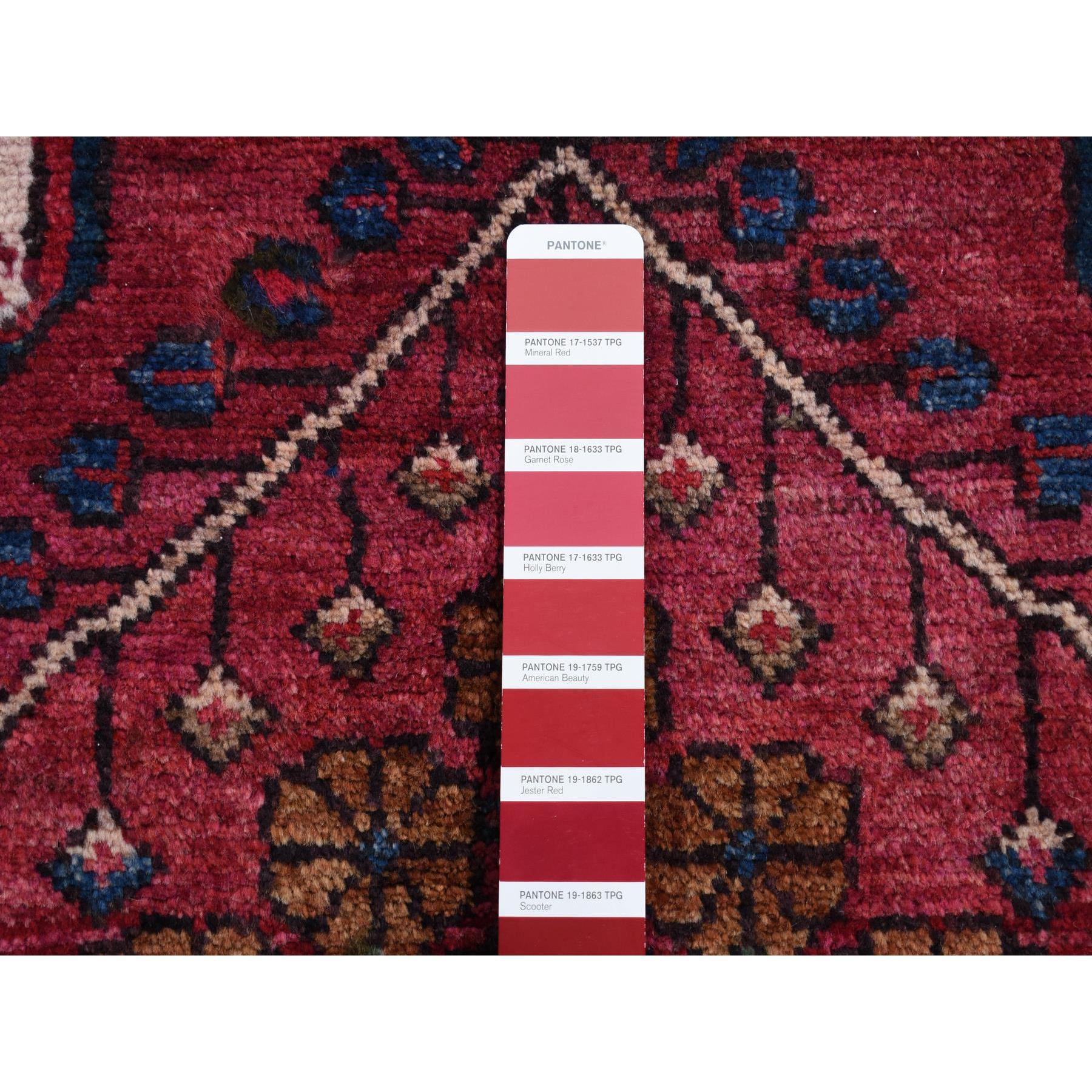 Red Old Persian Hamadan Hand Made Hand Knotted Pure Wool Gallery Size Runner Rug In Good Condition For Sale In Carlstadt, NJ