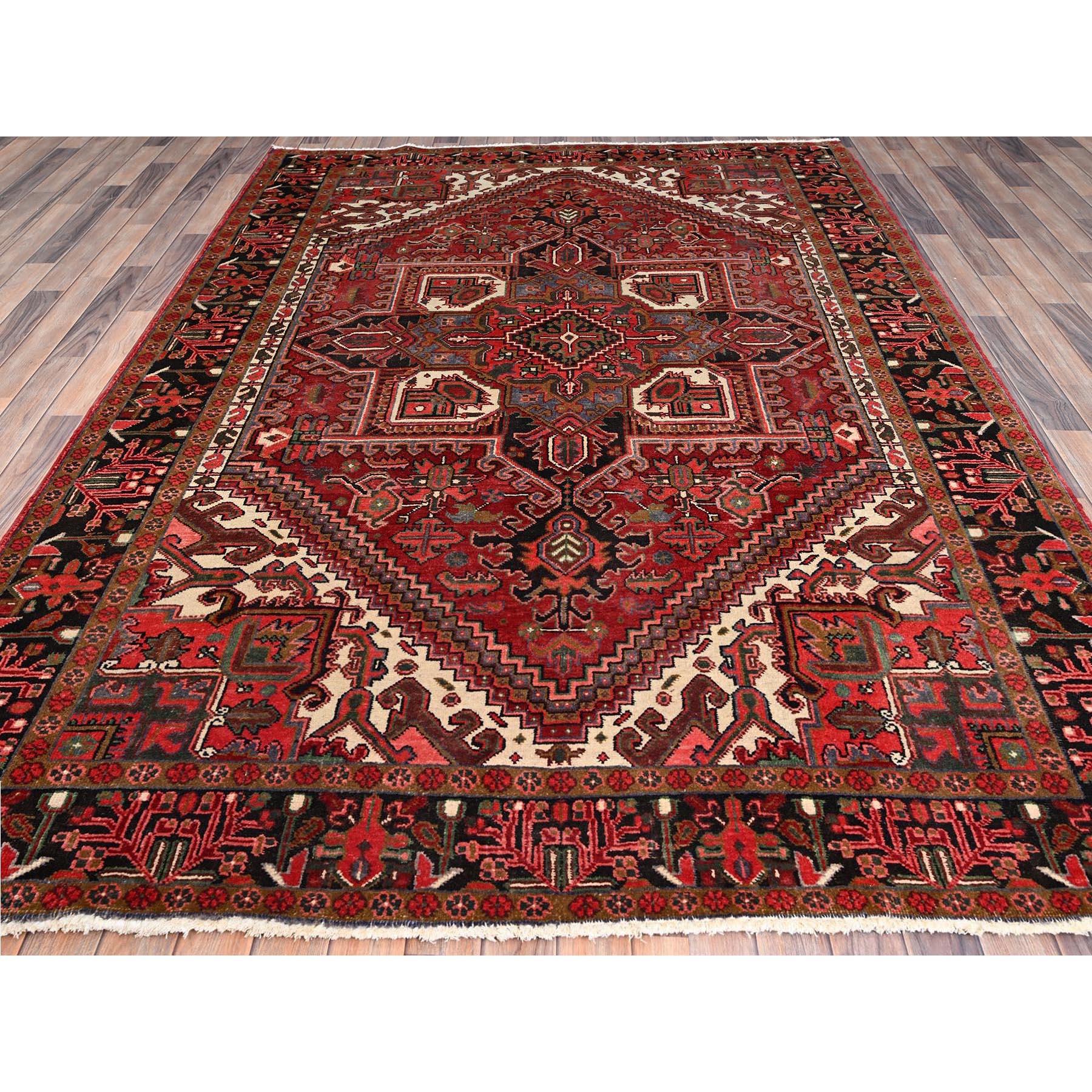 Hand-Knotted Red Old Persian Heriz Hand knotted Abrash Central Medallion Pure Wool Clean Rug For Sale