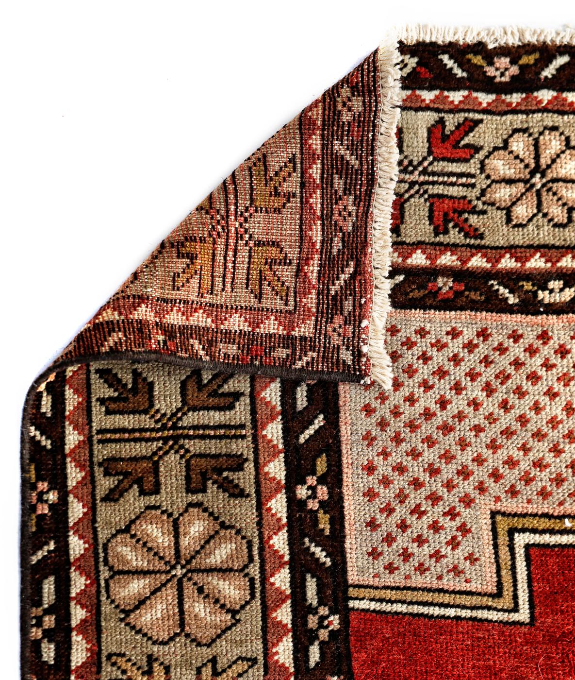 Oushak Red, Olive and Ivory Handmade Wool Turkish Old Anatolian Konya Distressed Rug For Sale