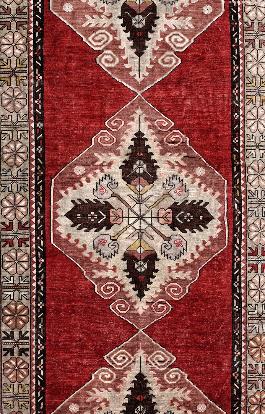 Hand-Knotted Red, Olive and Ivory Handmade Wool Turkish Old Anatolian Konya Distressed Rug For Sale