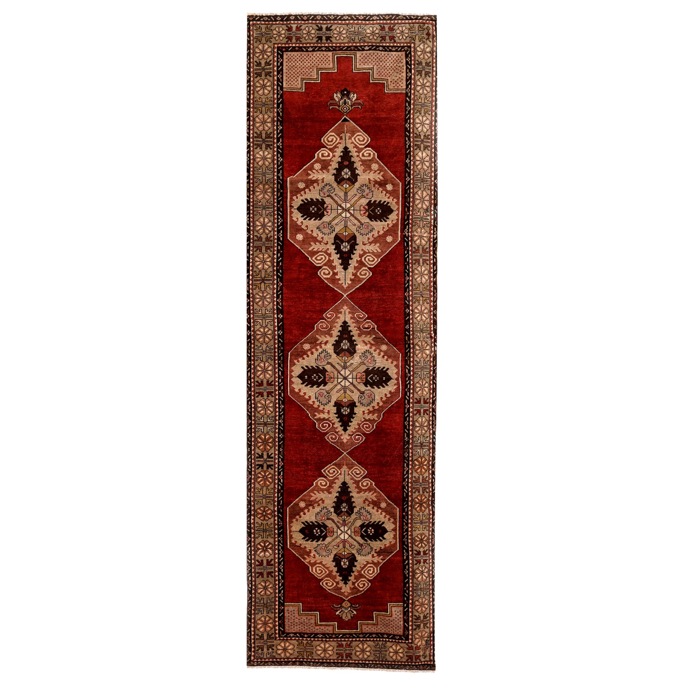 Red, Olive and Ivory Handmade Wool Turkish Old Anatolian Konya Distressed Rug For Sale