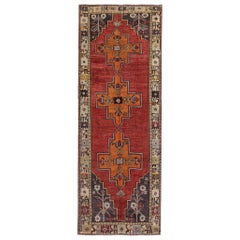 Red, Olive and Orange Handmade Wool Turkish Old Anatolian Konya Distressed Rug