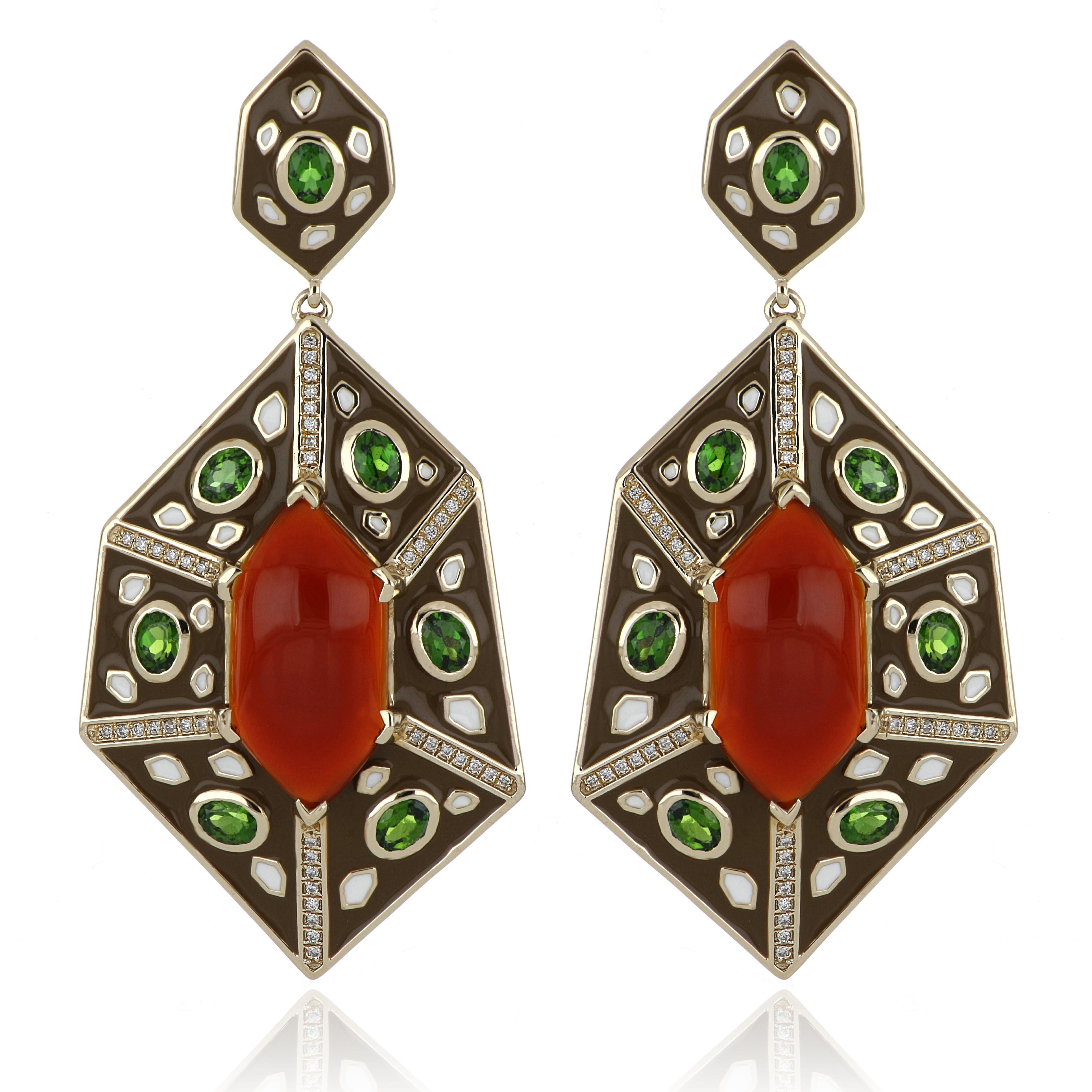 Diopside Boucles d'oreilles en or 14 carats avec onyx rouge, chrome et émail de couleur clouté en vente 4