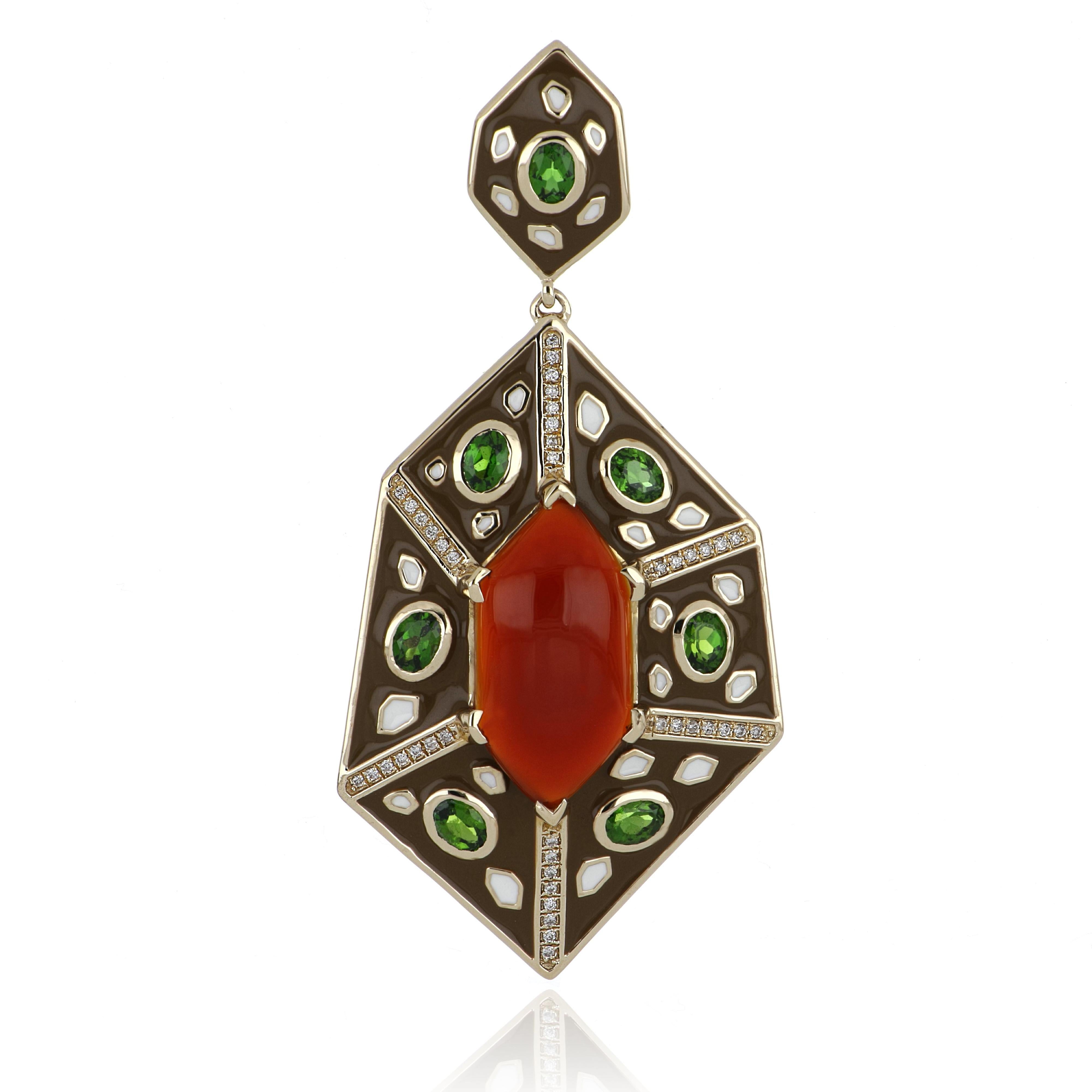 Contemporary Red Onyx and Chrome Diopside Studded Color Enamel Earrings in 14 Karat Gold For Sale