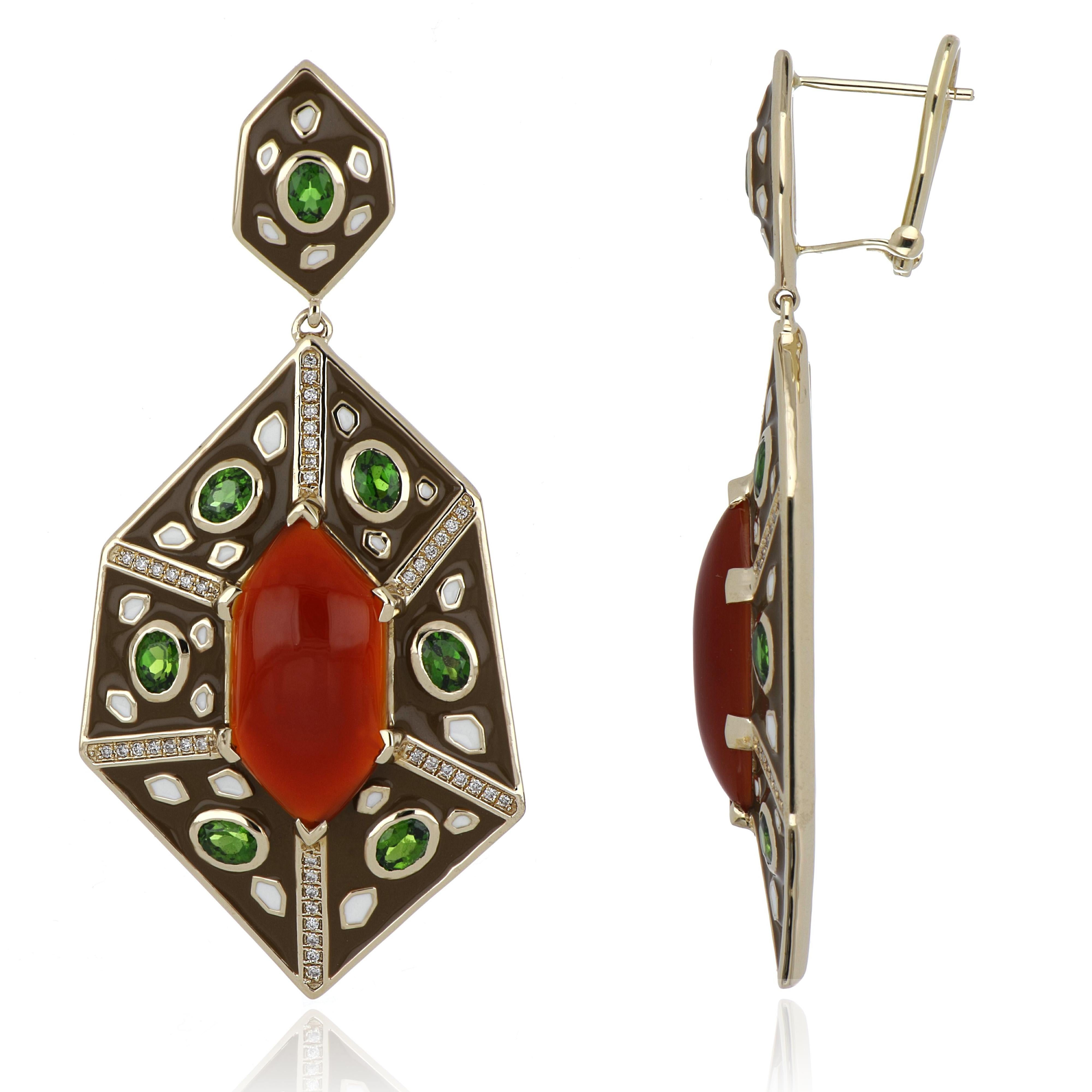 Cabochon Red Onyx and Chrome Diopside Studded Color Enamel Earrings in 14 Karat Gold For Sale