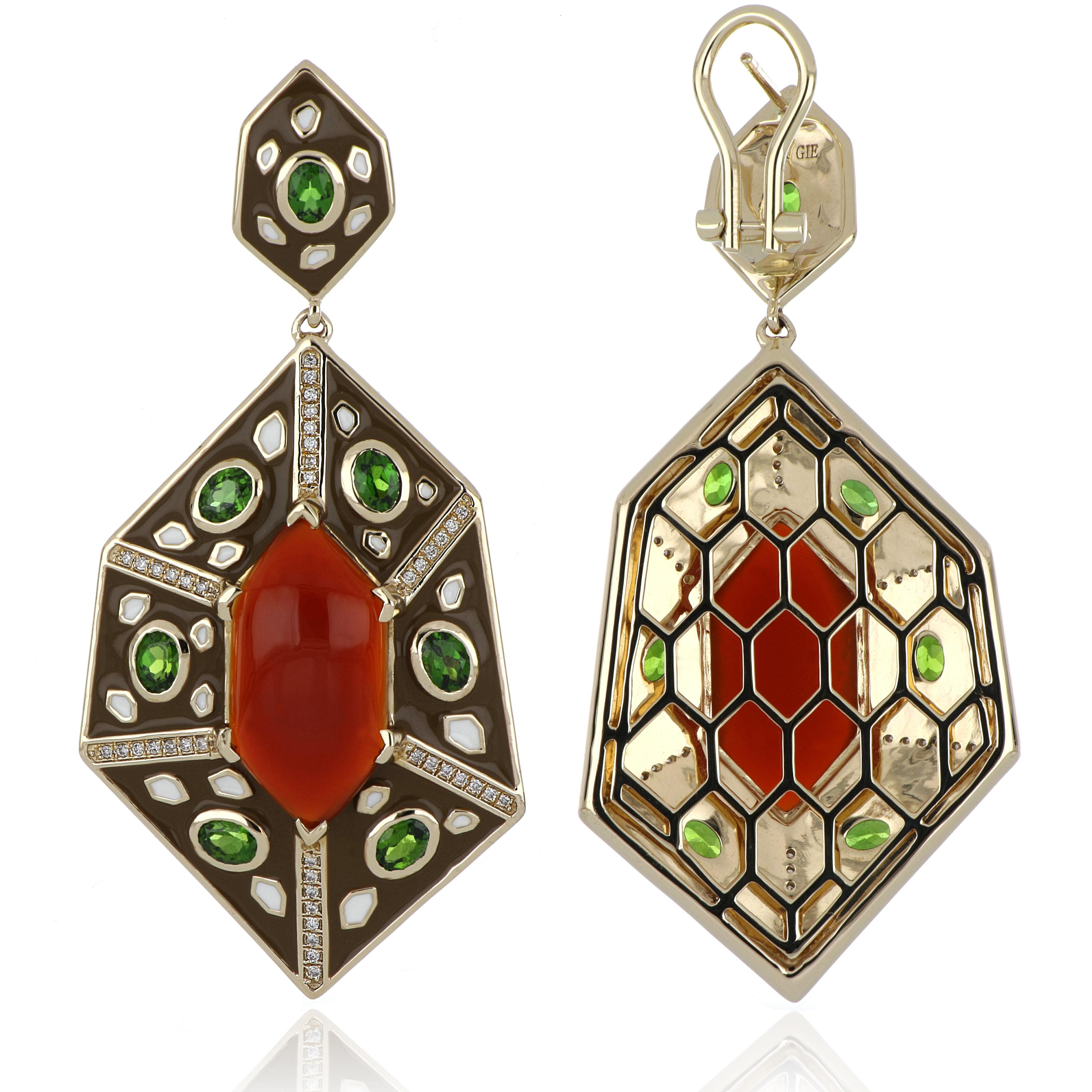 Red Onyx and Chrome Diopside Studded Color Enamel Earrings in 14 Karat Gold In New Condition For Sale In JAIPUR, IN