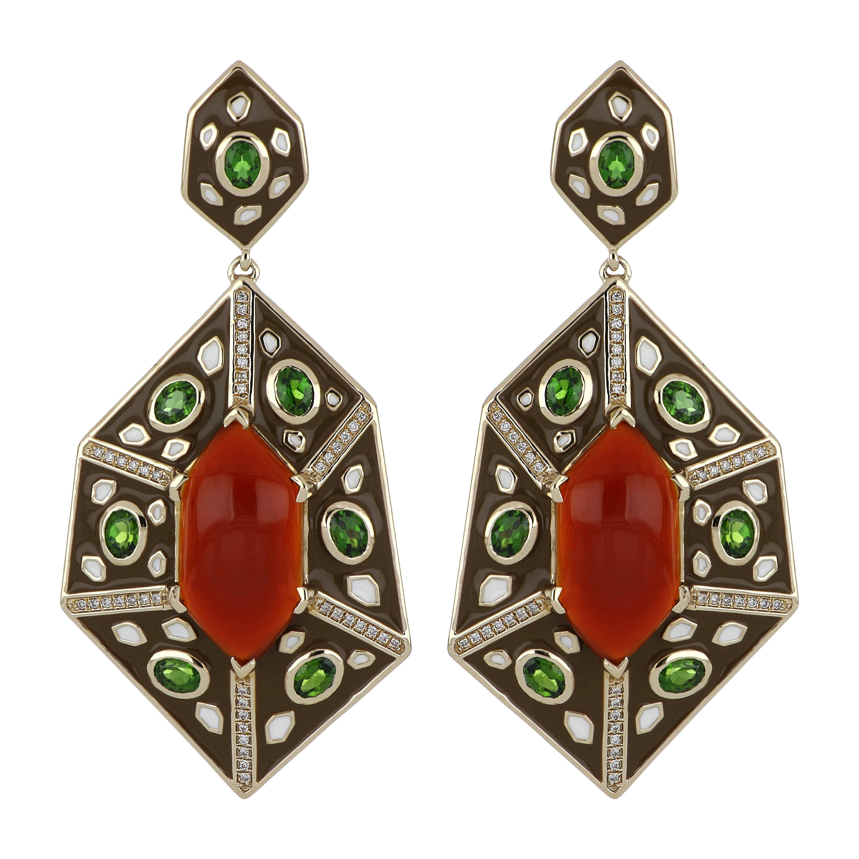 Red Onyx and Chrome Diopside Studded Color Enamel Earrings in 14 Karat Gold For Sale