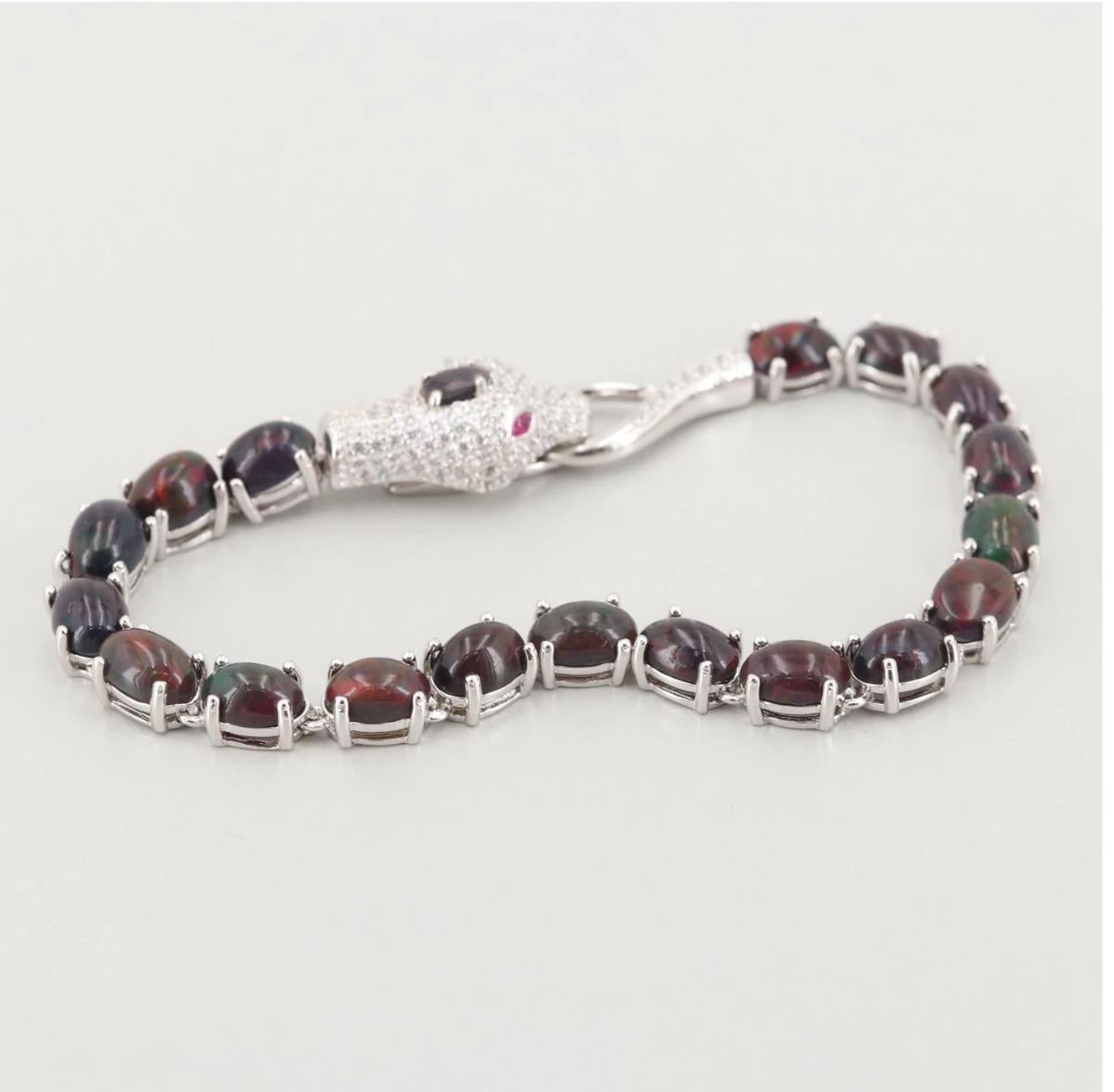 Art Deco Red Opal, Sapphire, Pave Diamond Sterling Silver Snake Bracelet- Exotic & Fabulous For Sale