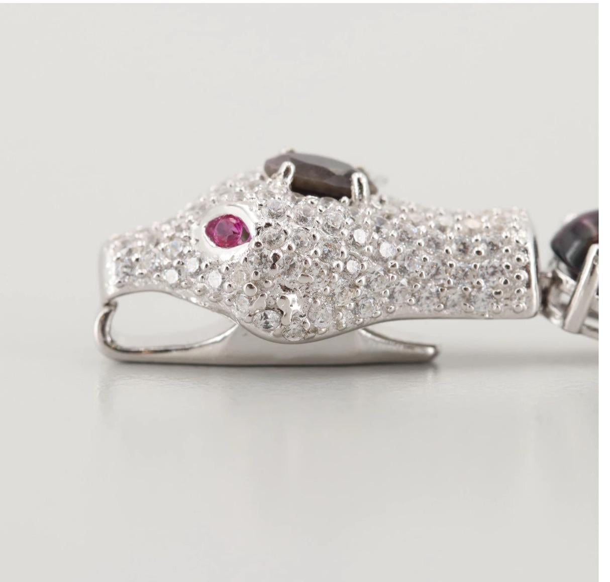 Women's Red Opal, Sapphire, Pave Diamond Sterling Silver Snake Bracelet- Exotic & Fabulous For Sale