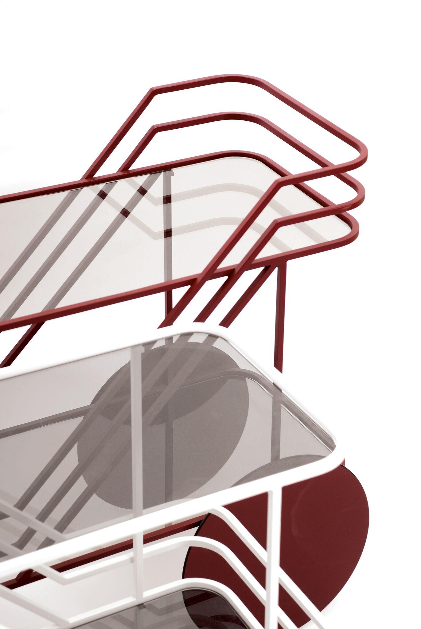 Italian Red or White European Powder Coated Metal Drinks Cart with Smoke Glass Shelves For Sale
