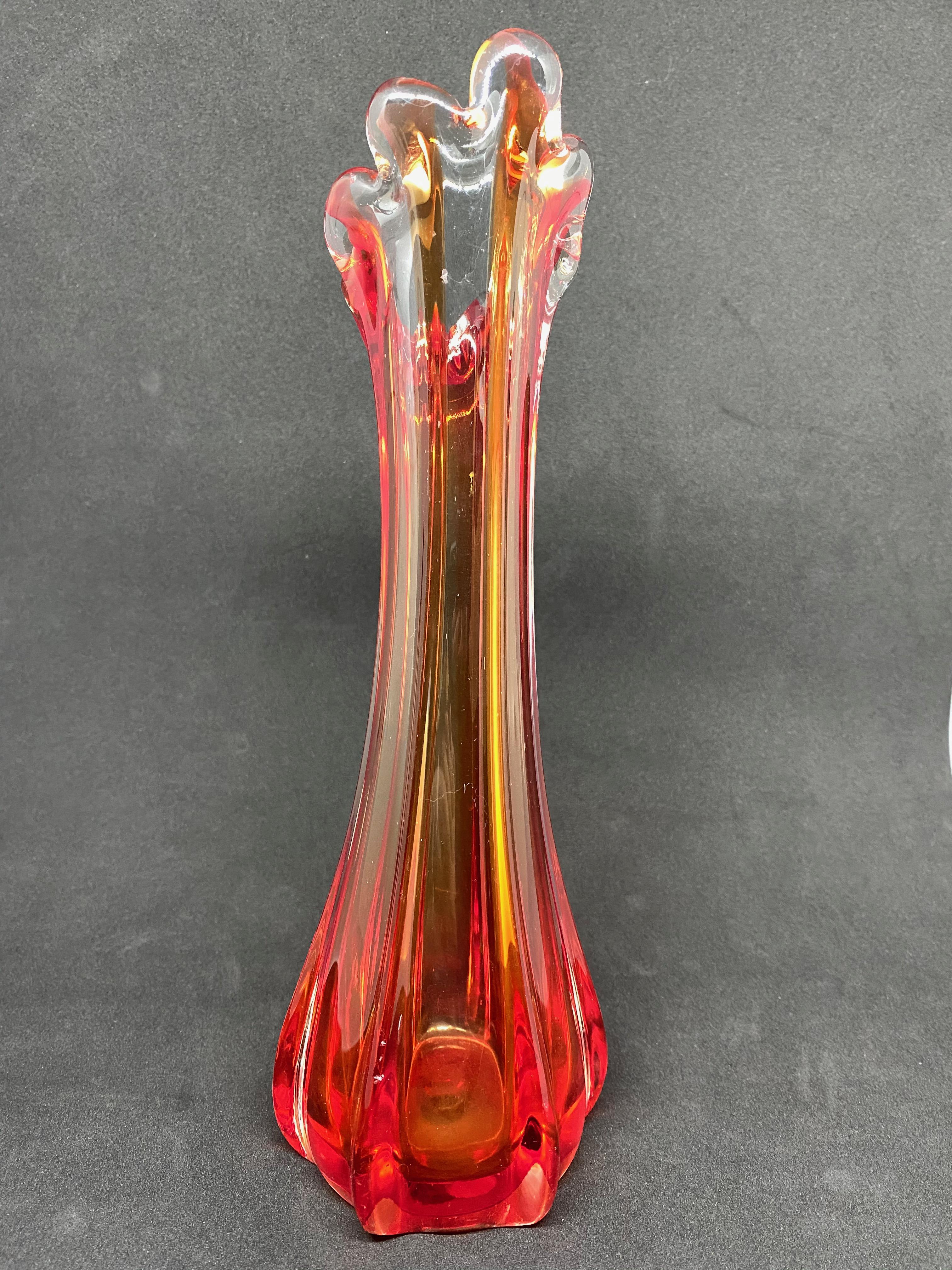 Mid-Century Modern Red, Orange and Clear Hollywood Regency Sommerso Glass Vase Murano, Italy, 1970s