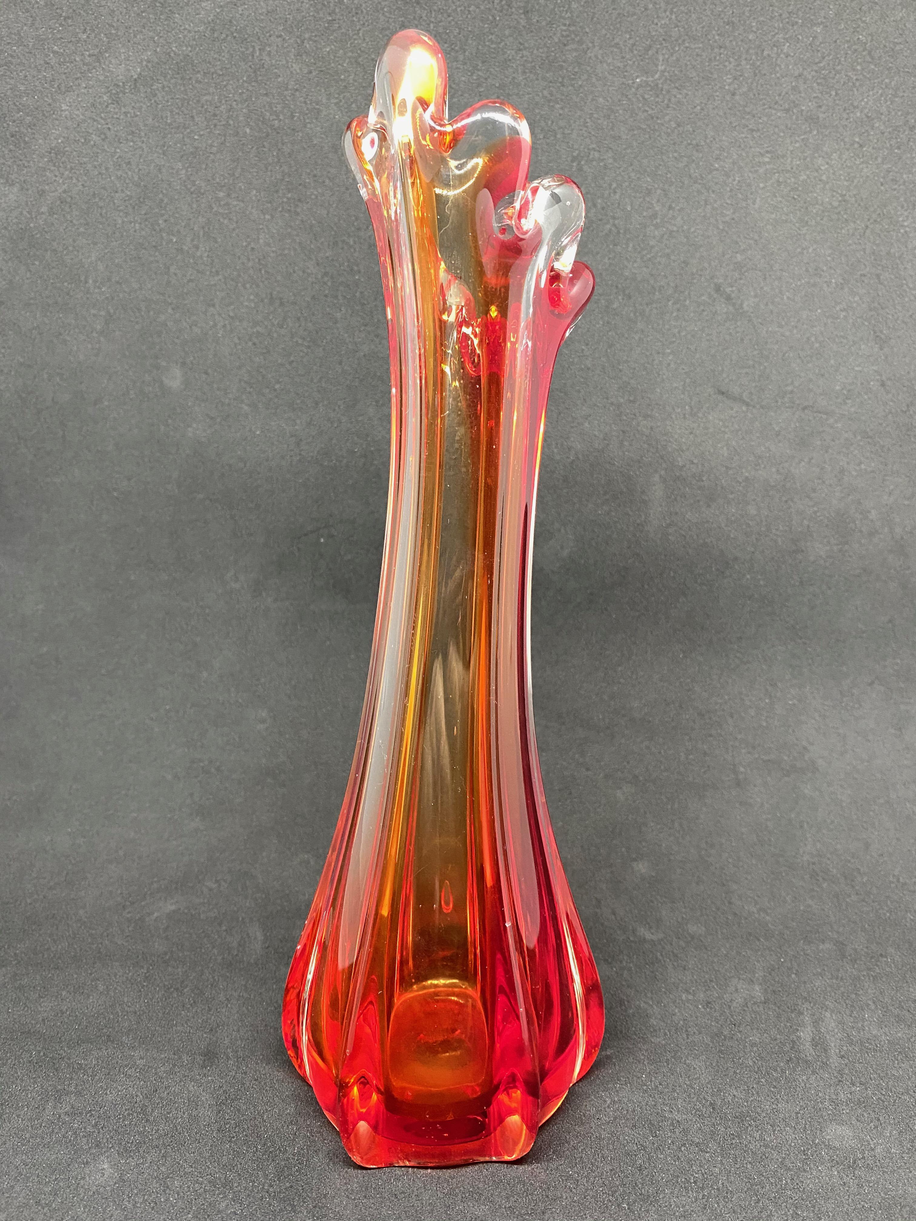 Italian Red, Orange and Clear Hollywood Regency Sommerso Glass Vase Murano, Italy, 1970s