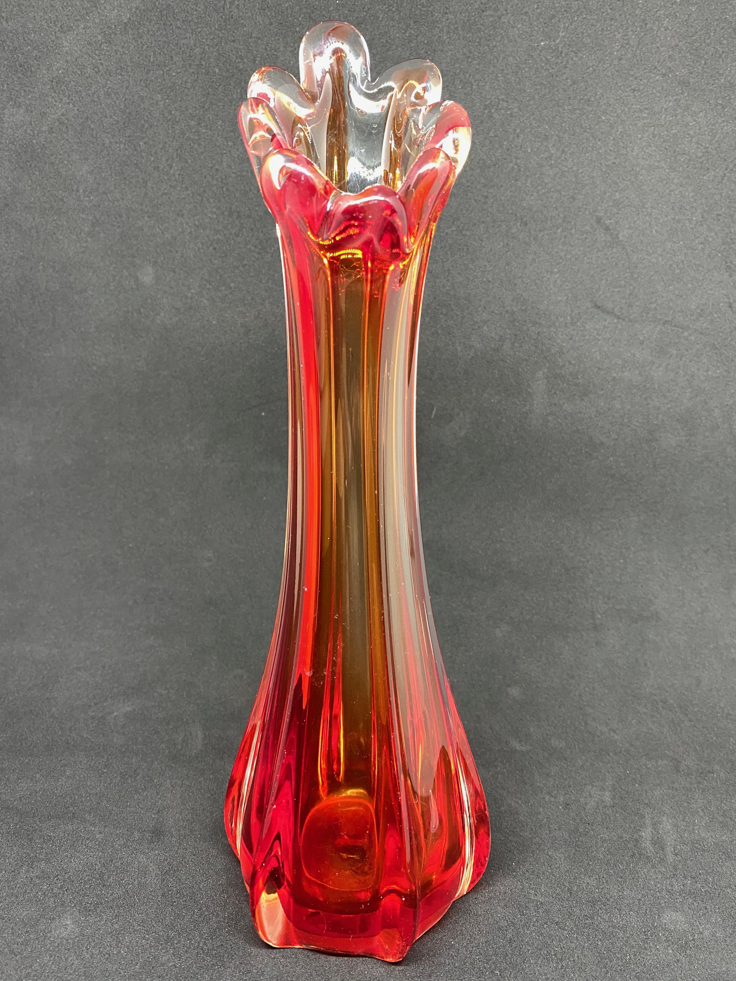 Hand-Crafted Red, Orange and Clear Hollywood Regency Sommerso Glass Vase Murano, Italy, 1970s