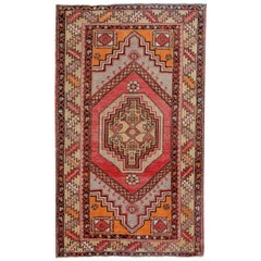 Red, Orange and Ivory Handmade Wool Turkish Old Anatolian Konya Rug