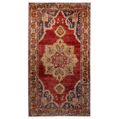 Red, Orange and Navy Handmade Wool Turkish Old Anatolian Konya Rug