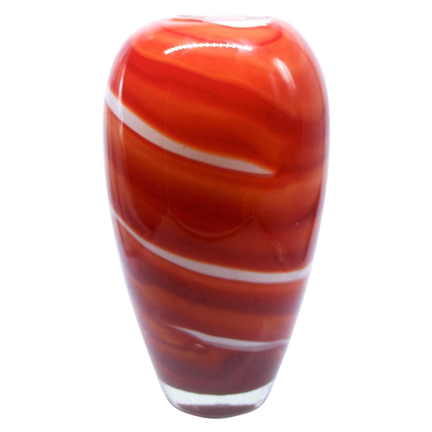 Red Orange and White Murano Venetian  MCM Glass Vase Style of Barbini circa 1970 For Sale
