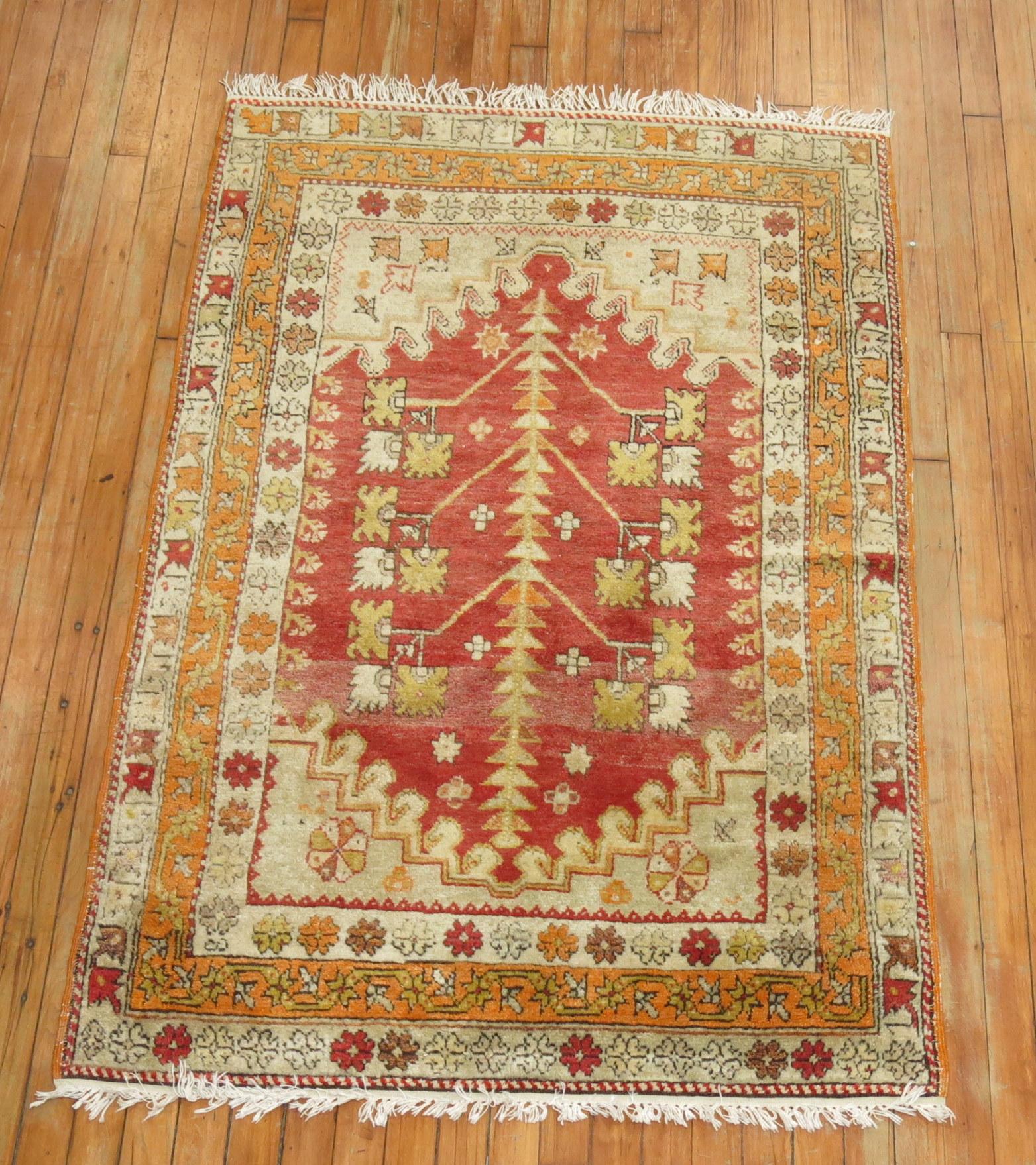 A one of a kind fine quality antique Turkish Sivas decorative throw rug. Reds, orange and gray accents. Probably used as a prayer rug from original owner,

circa 1930, measures: 3'5