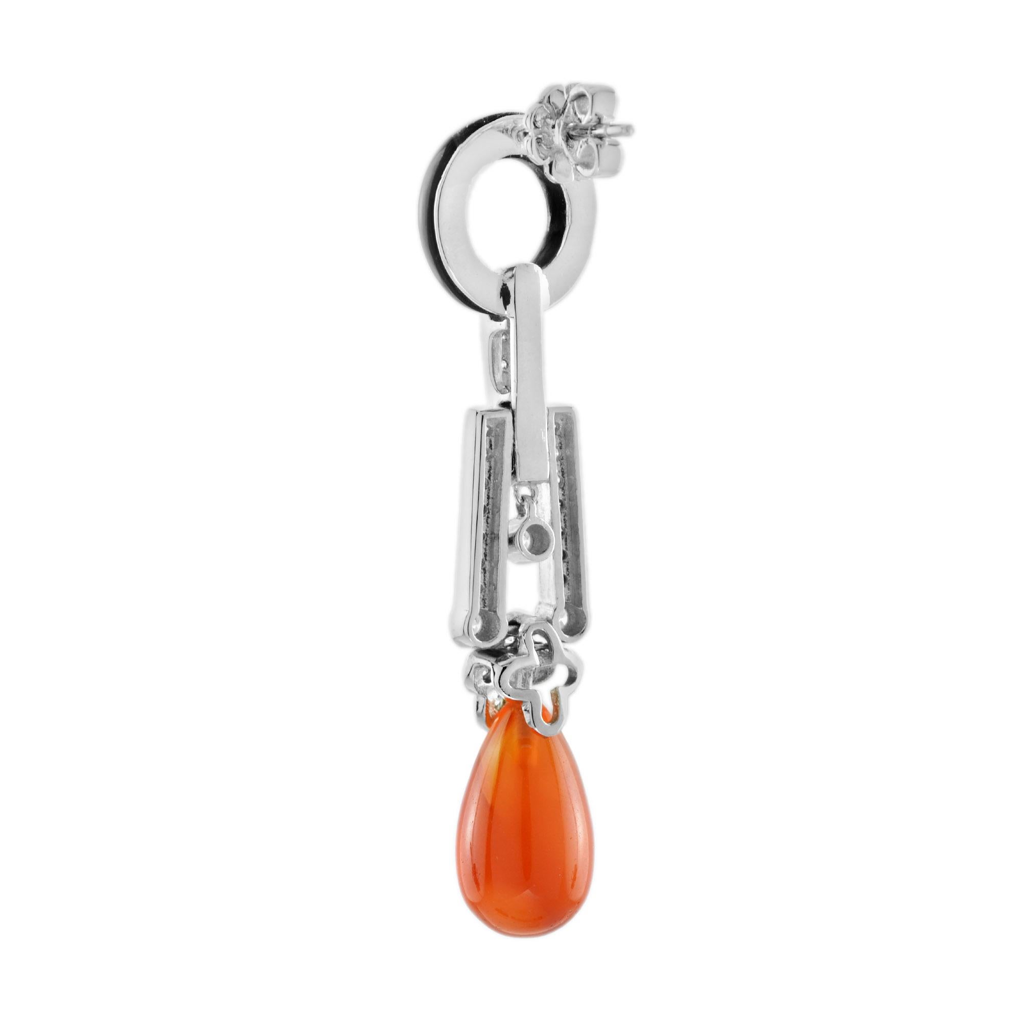Round Cut Red Orange Carnelian Diamond Onyx Art Deco Style Drop 14K White Gold Earrings For Sale