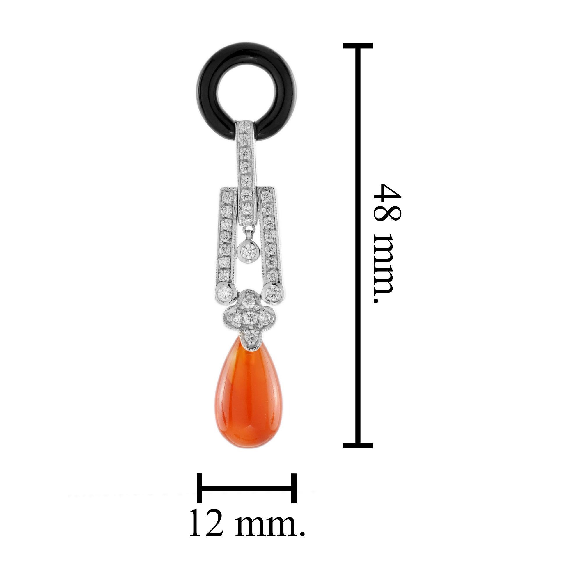 Red Orange Carnelian Diamond Onyx Art Deco Style Drop 14K White Gold Earrings In New Condition For Sale In Oakton, VA