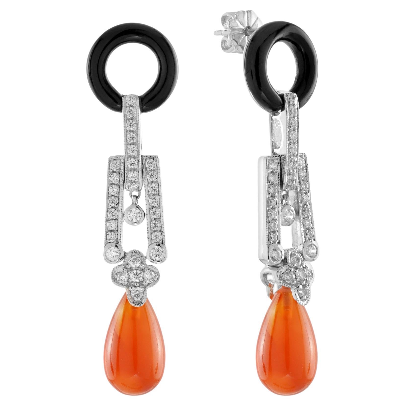 Red Orange Carnelian Diamond Onyx Art Deco Style Drop 14K White Gold Earrings For Sale