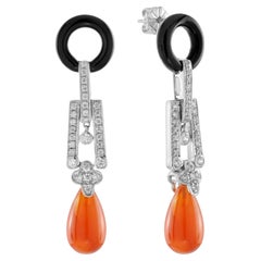 Red Orange Carnelian Diamond Onyx Art Deco Style Drop 14K White Gold Earrings