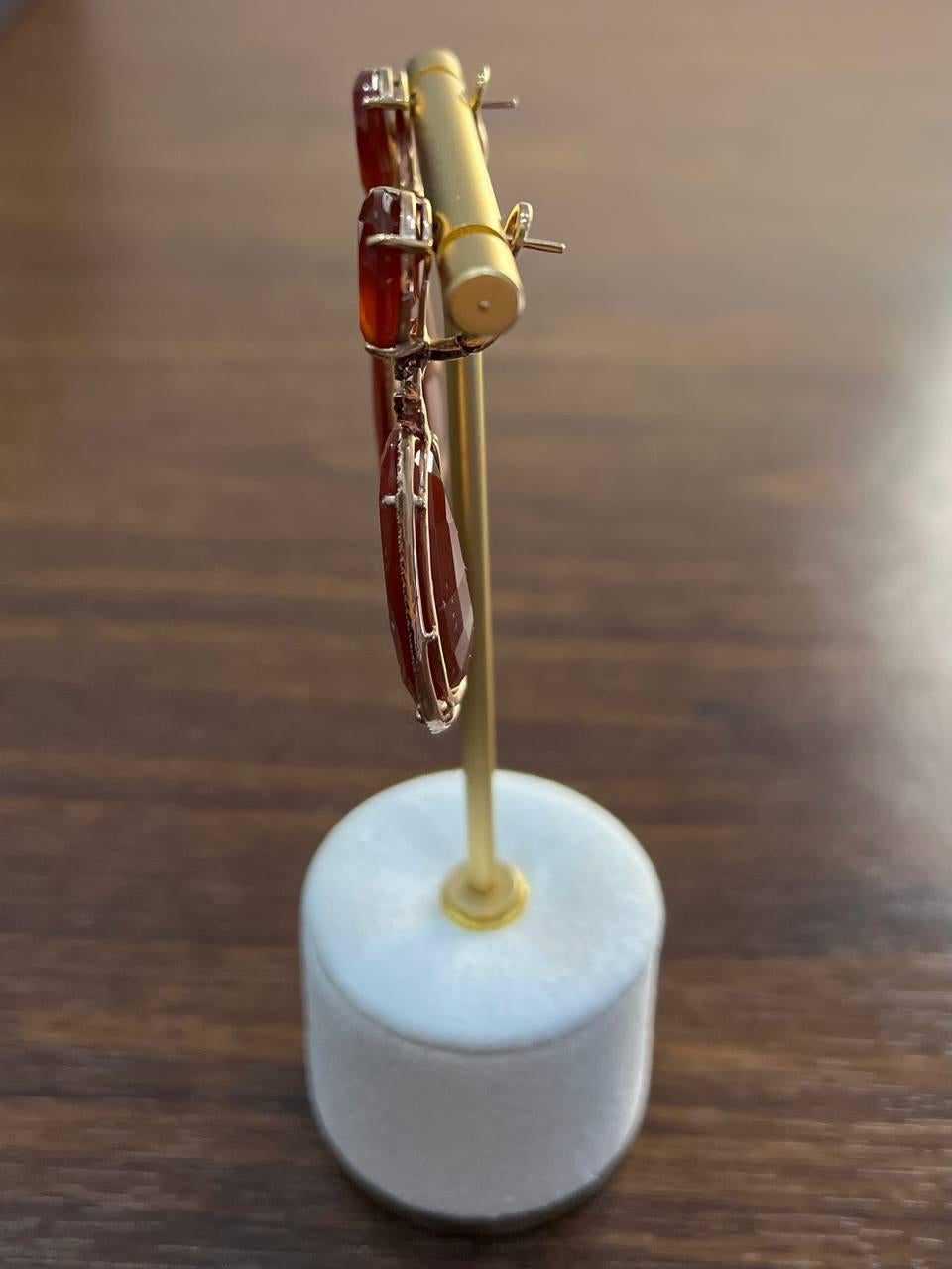De las mujeres Pendientes de Gota de Oro Amarillo de 14 K con Aureola de Diamantes de Cornalina Naranja Roja en venta