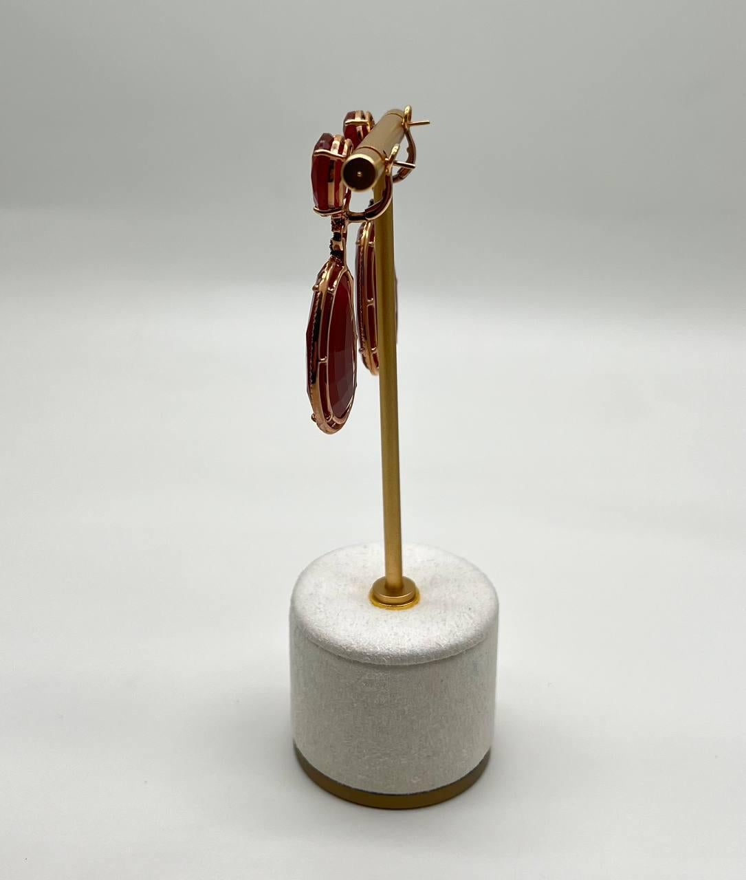 Pendientes de Gota de Oro Amarillo de 14 K con Aureola de Diamantes de Cornalina Naranja Roja en venta 4