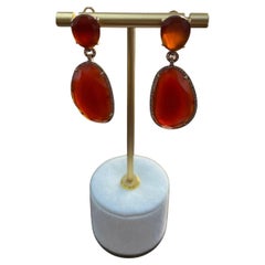 Pendientes de Gota de Oro Amarillo de 14 K con Aureola de Diamantes de Cornalina Naranja Roja