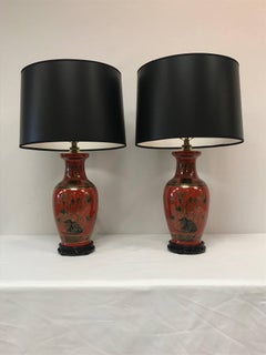Red/Orange Chinoiserie Table Lamps, a Pair