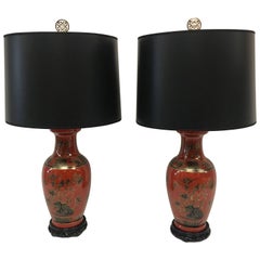 Red/Orange Chinoiserie Table Lamps, a Pair
