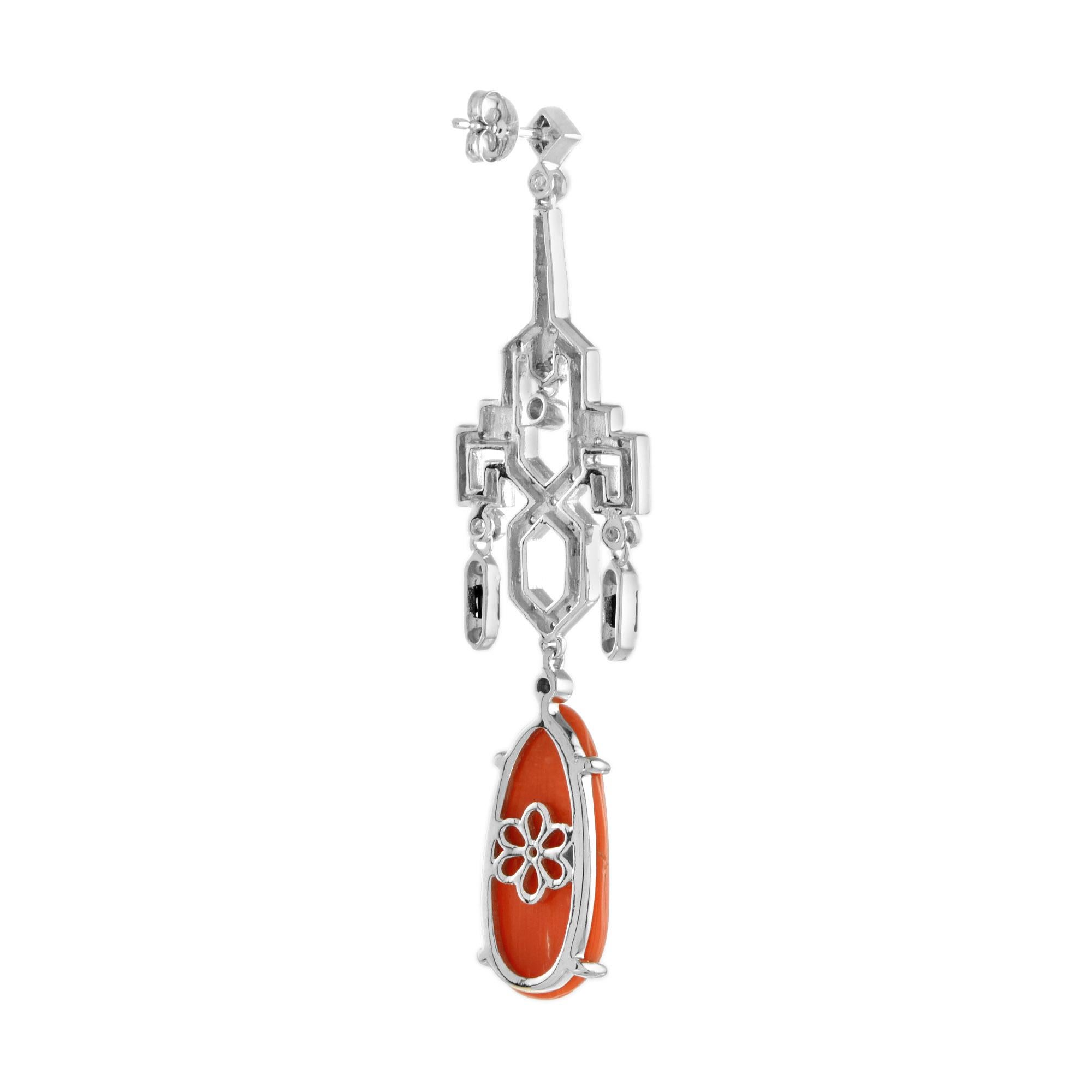 Art déco Red Orange Coral & Diamond Black Onyx Drop 14K White Gold Earrings en vente