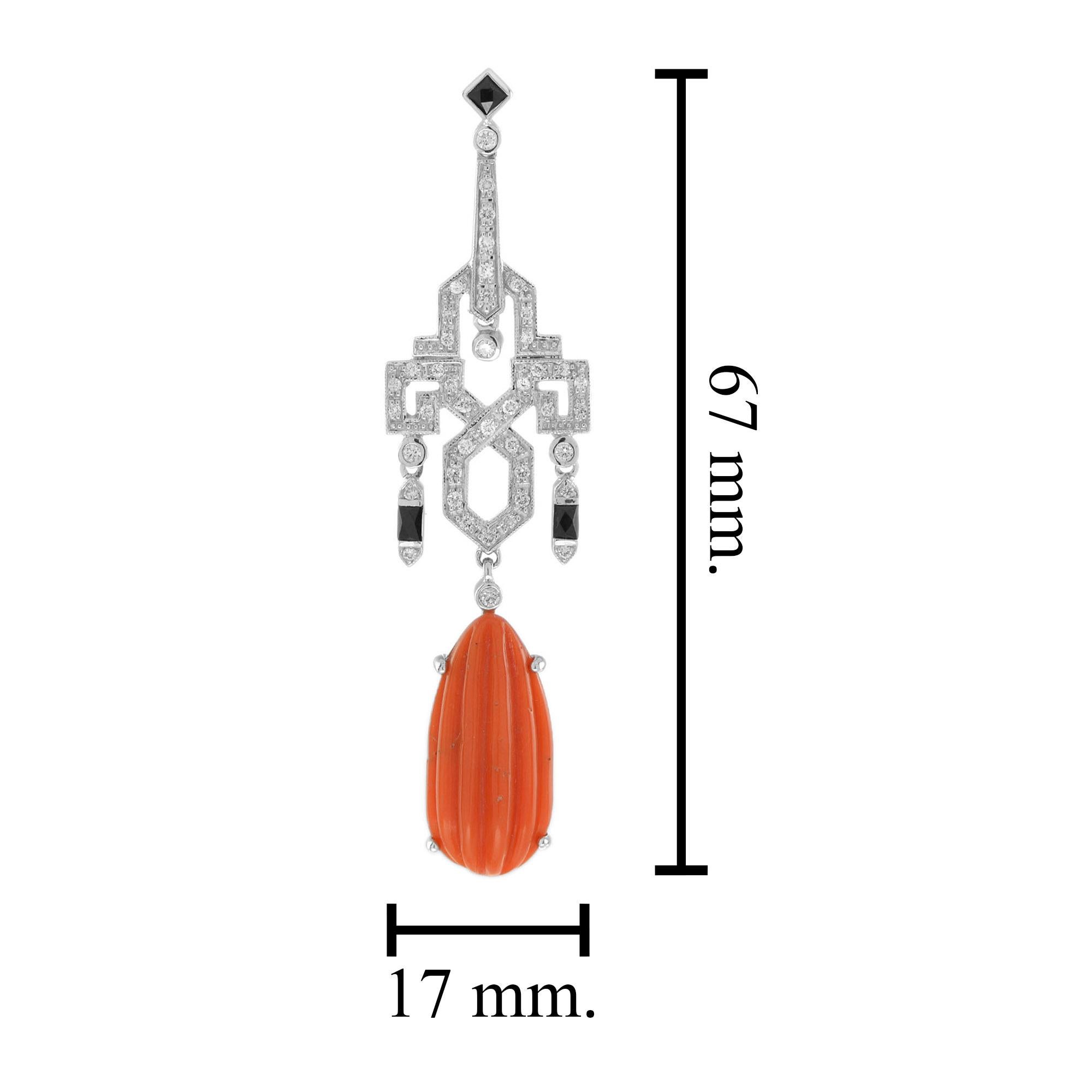 Taille ronde Red Orange Coral & Diamond Black Onyx Drop 14K White Gold Earrings en vente