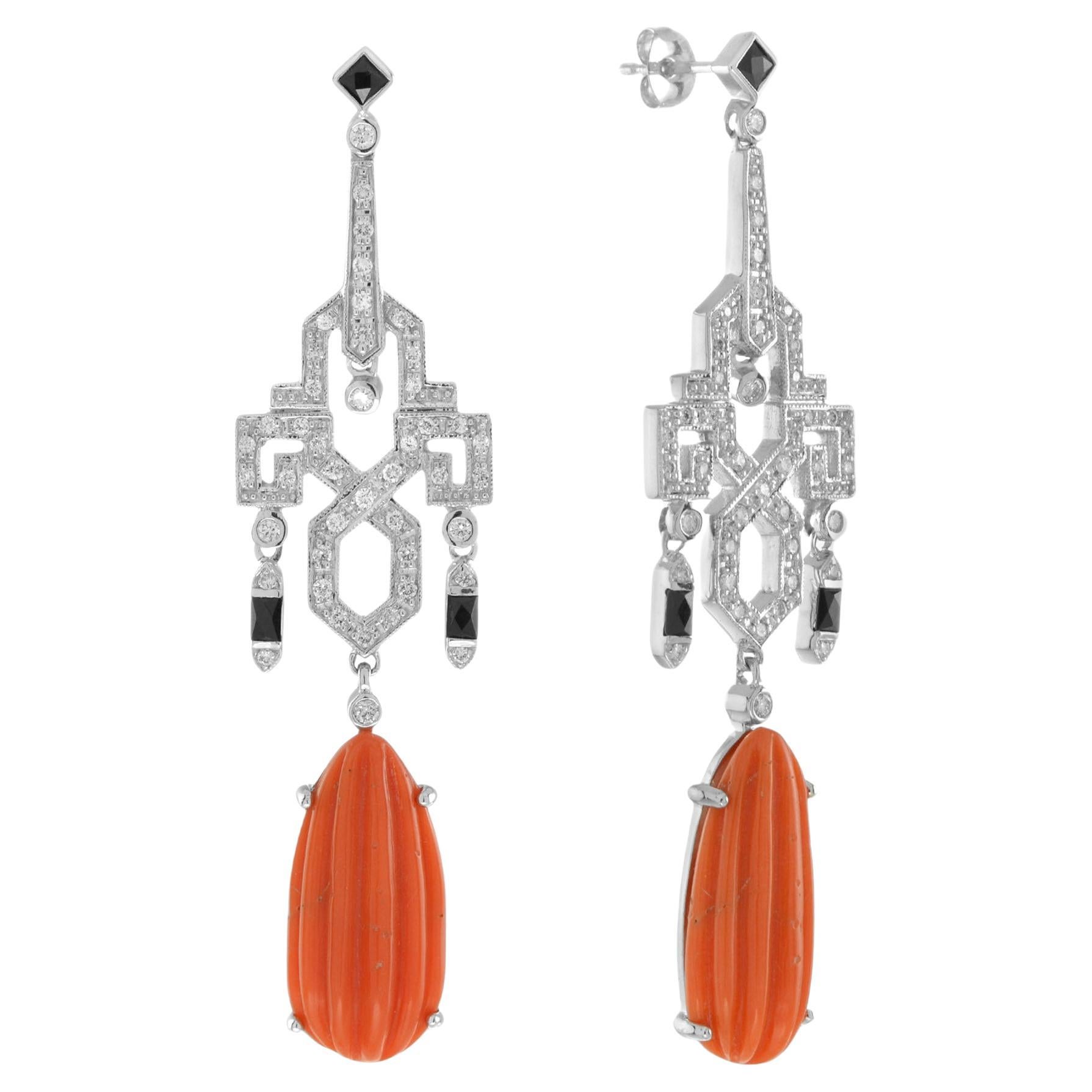 Red Orange Coral & Diamond Black Onyx Drop 14K White Gold Earrings en vente