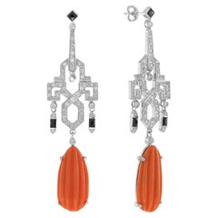Red Orange Coral & Diamond Black Onyx Drop 14K White Gold Earrings