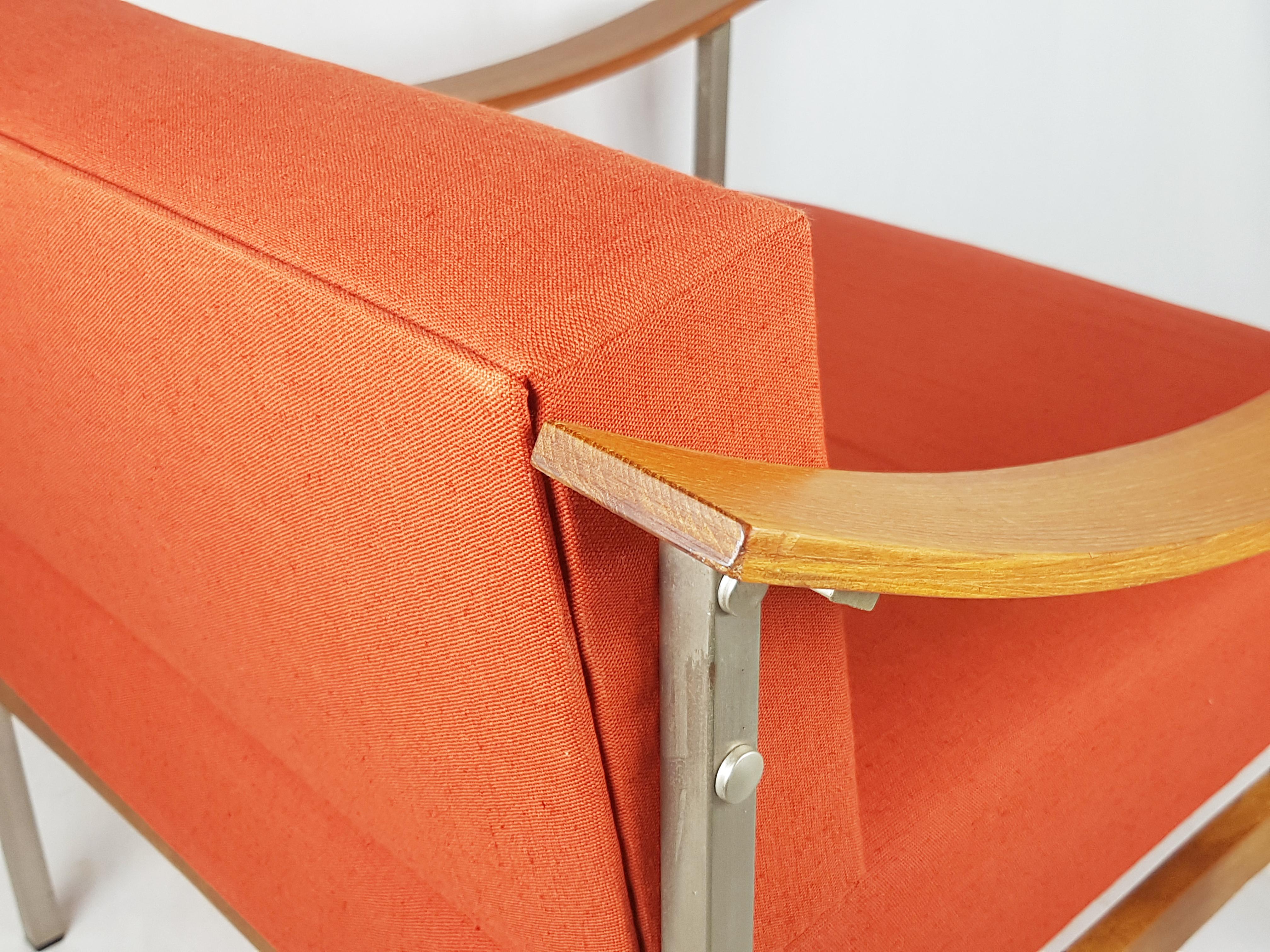 Red/Orange Fabric, Teakwood & Metal 1960s Armchairs, Set of 2 For Sale 5