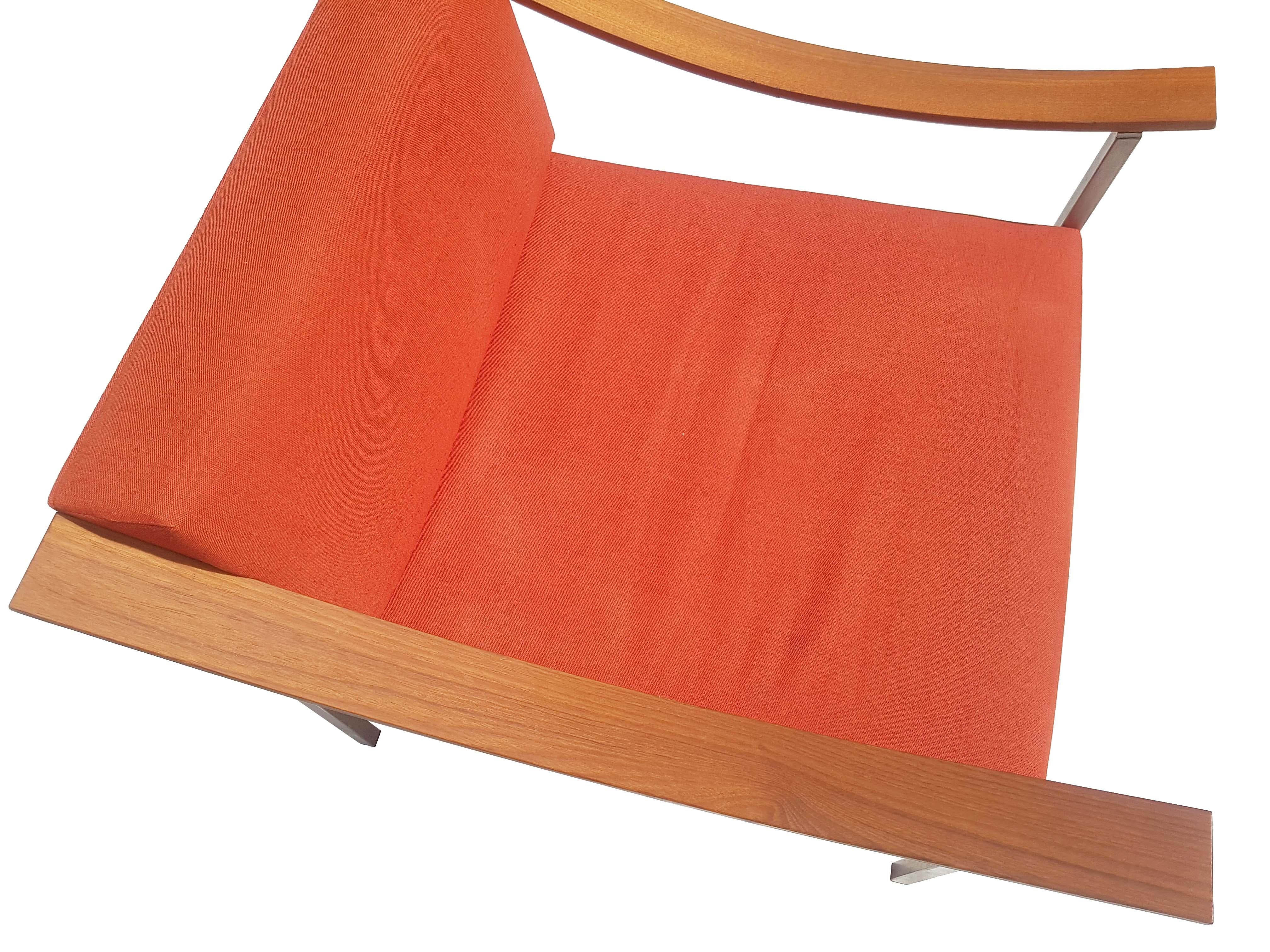 Red/Orange Fabric, Teakwood & Metal 1960s Armchairs, Set of 2 For Sale 11