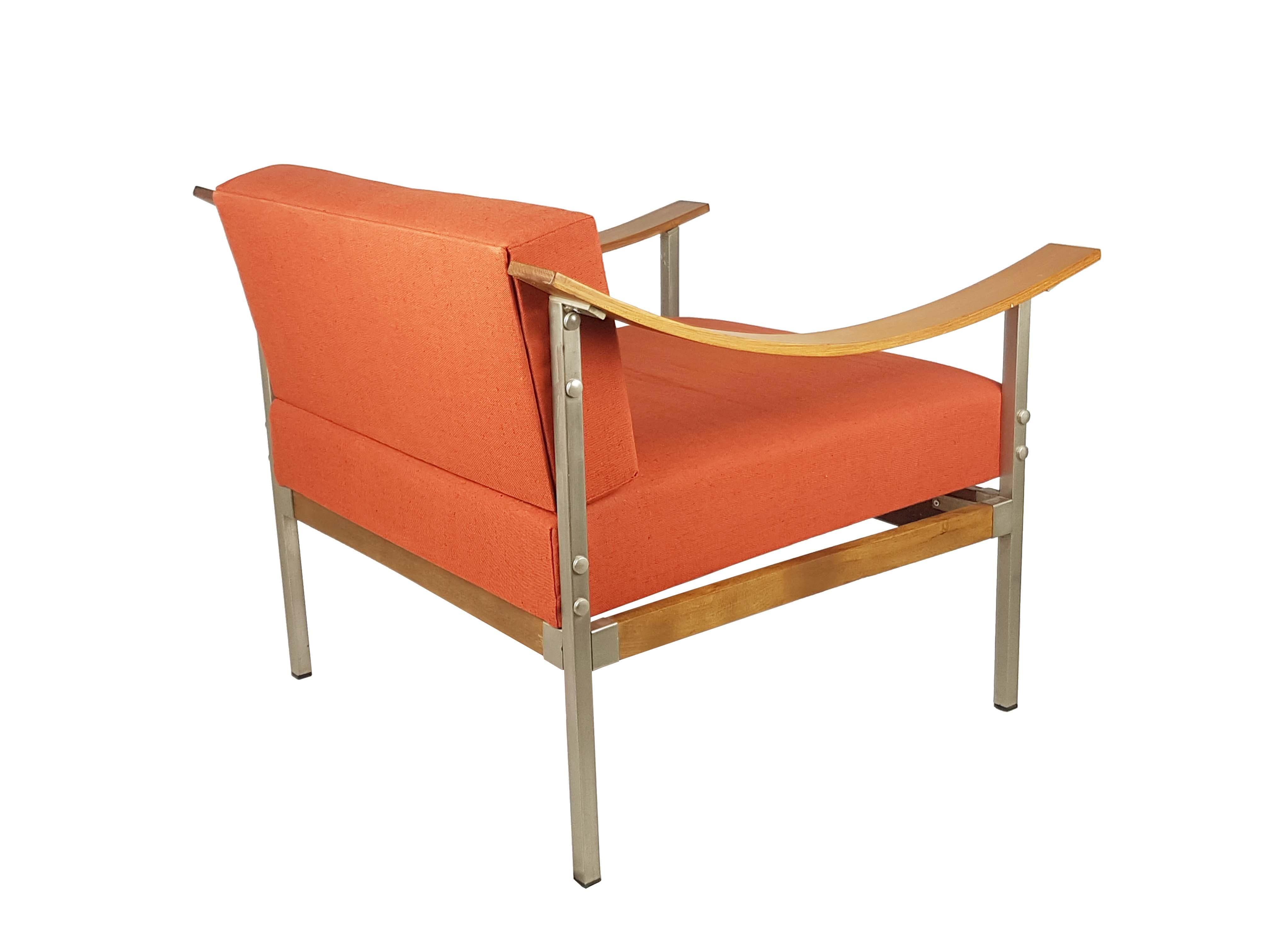 Red/Orange Fabric, Teakwood & Metal 1960s Armchairs, Set of 2 For Sale 14