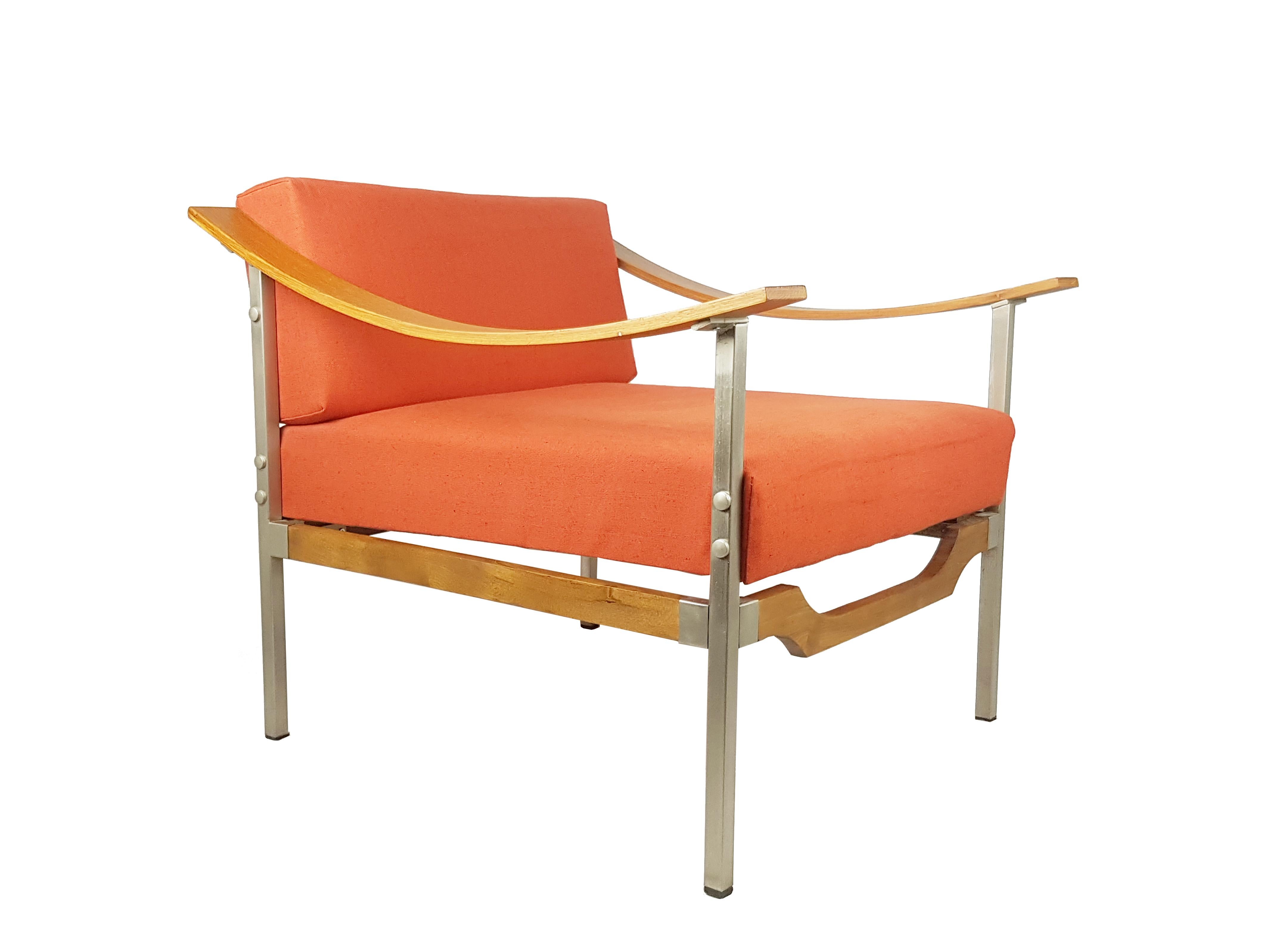 Mid-Century Modern Red/Orange Fabric, Teakwood & Metal 1960s Armchairs, Set of 2 For Sale