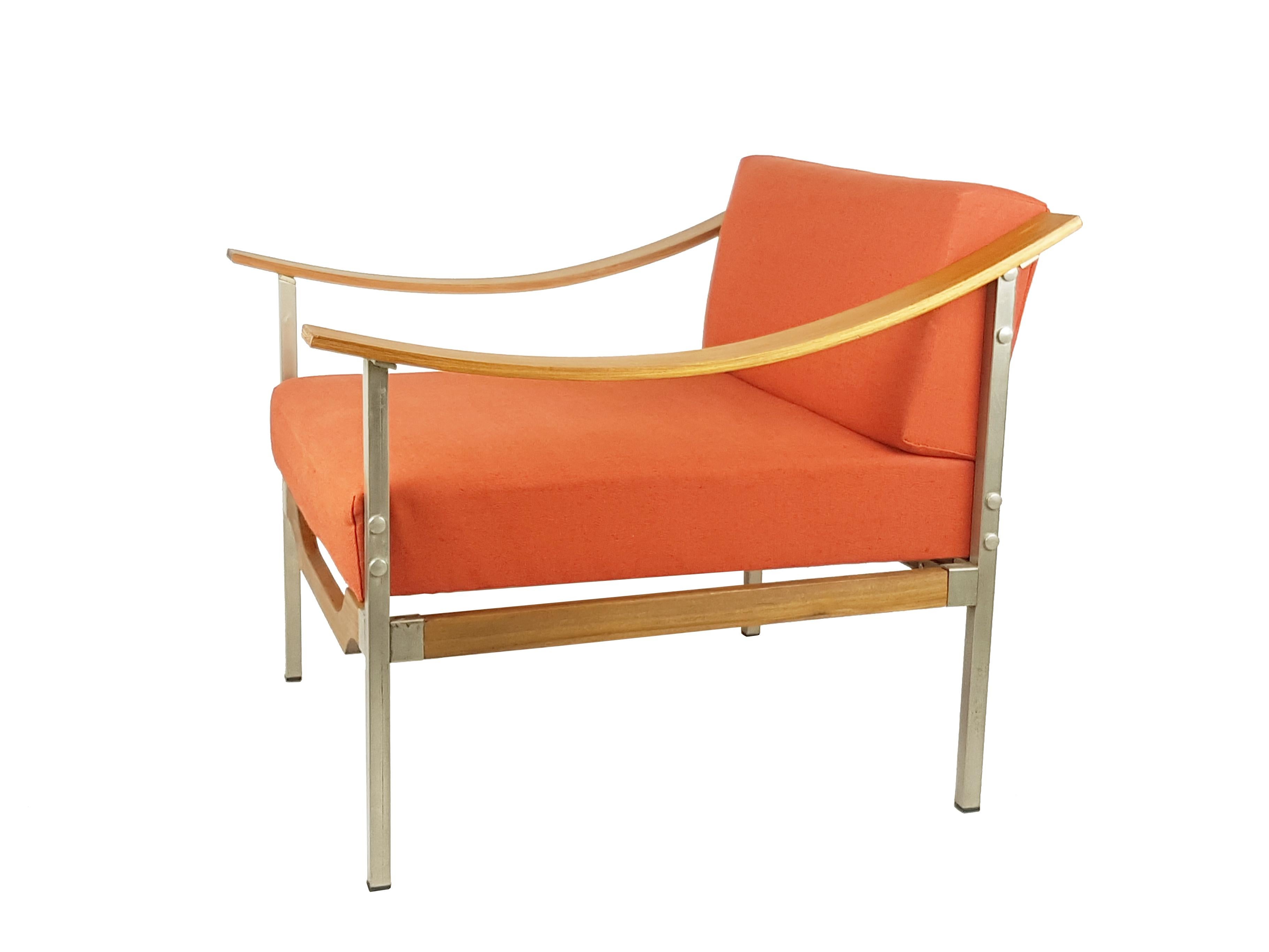 Italian Red/Orange Fabric, Teakwood & Metal 1960s Armchairs, Set of 2 For Sale