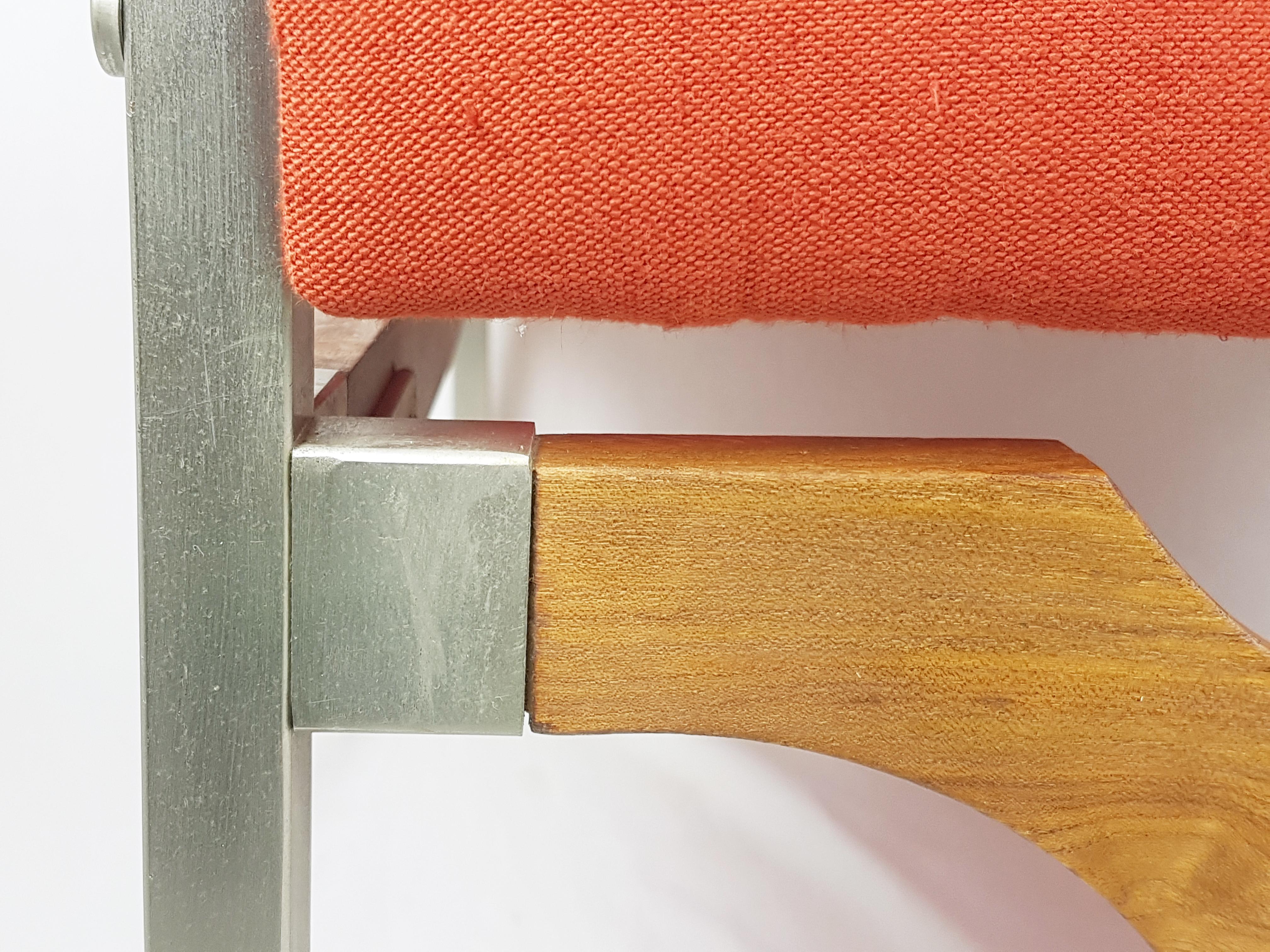 Mid-20th Century Red/Orange Fabric, Teakwood & Metal 1960s Armchairs, Set of 2 For Sale