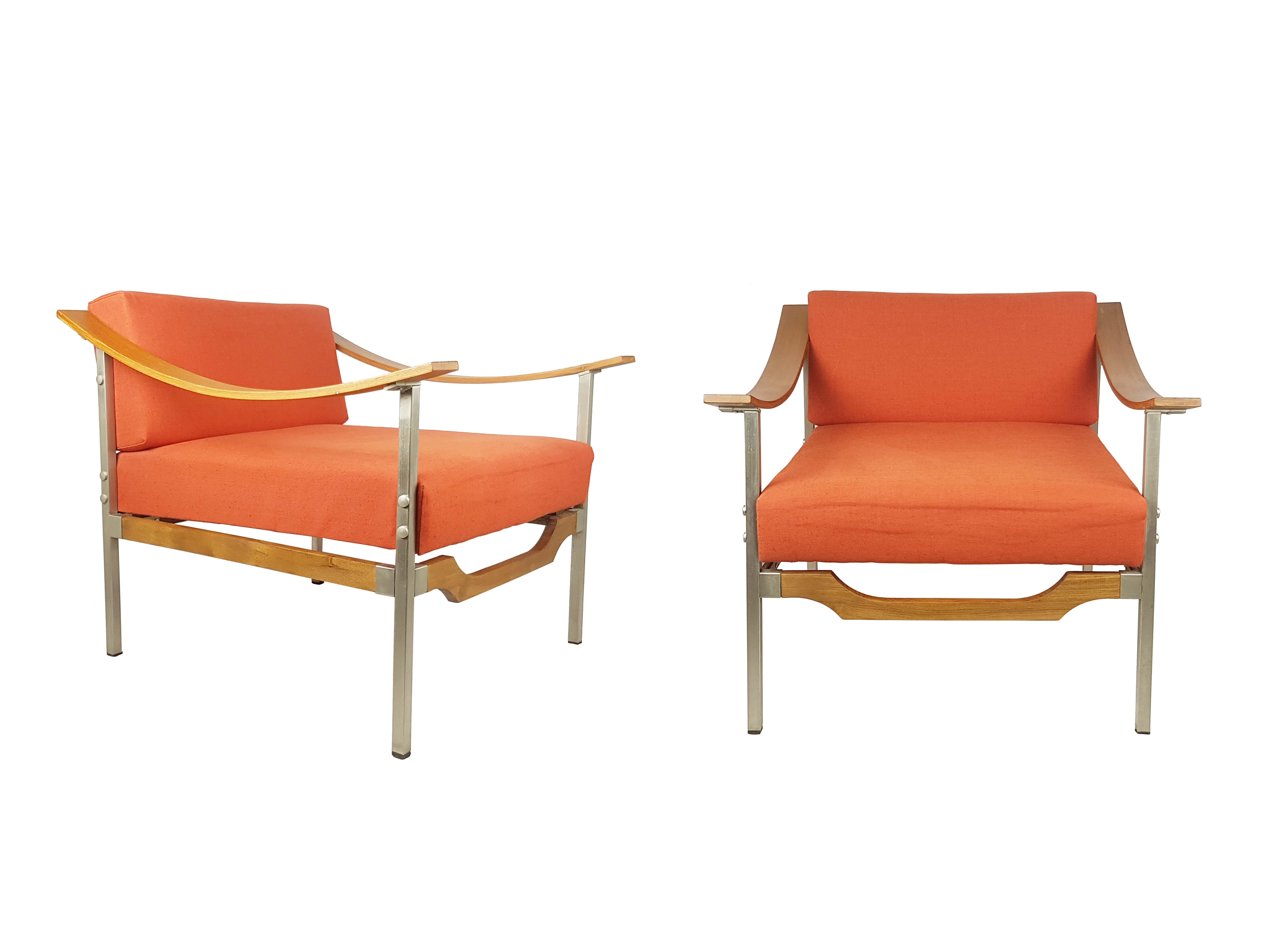 Red/Orange Fabric, Teakwood & Metal 1960s Armchairs, Set of 2 For Sale 2