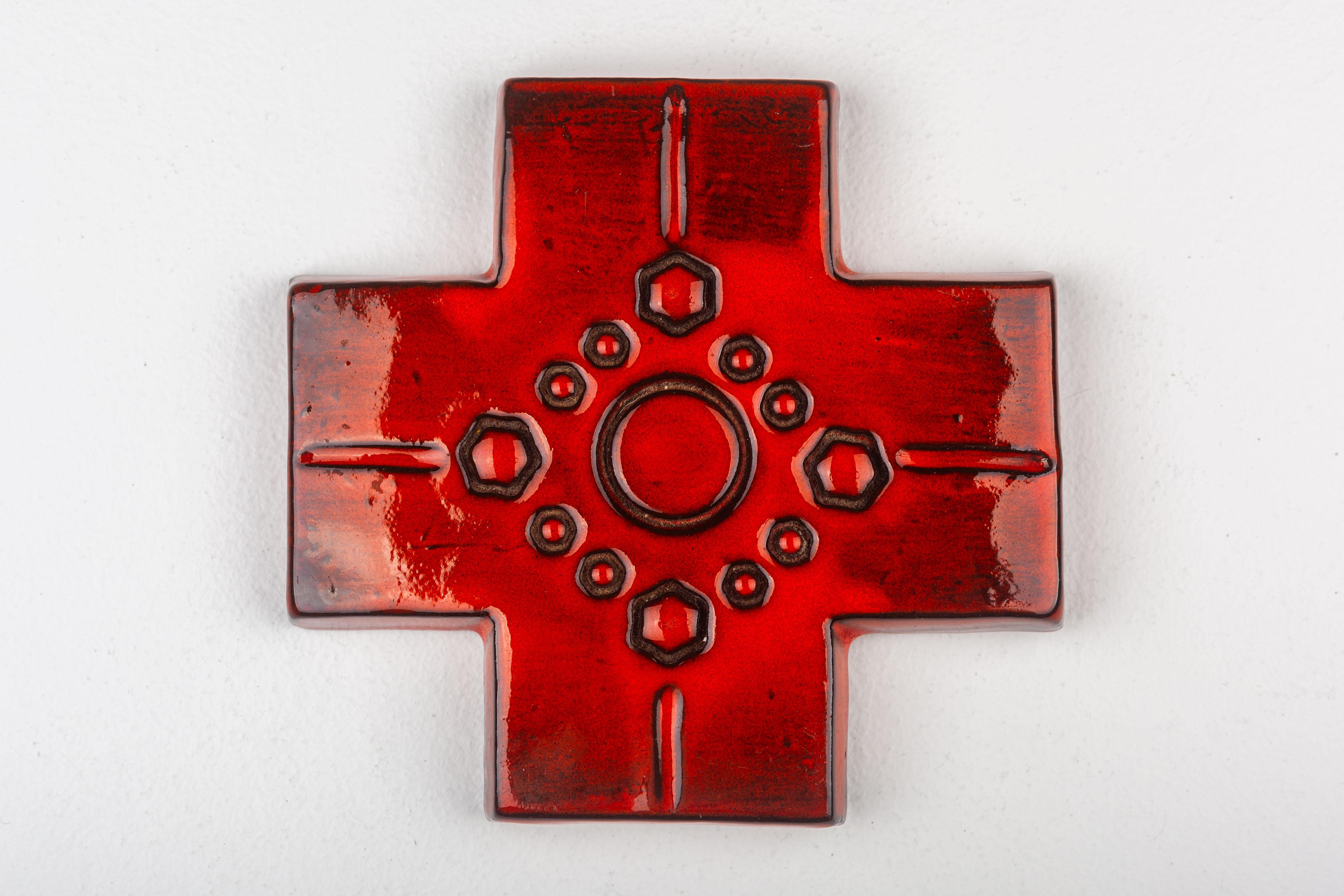European Red-Orange Glossy Ceramic Cross, Symmetrical Design with Circle Embellishments For Sale