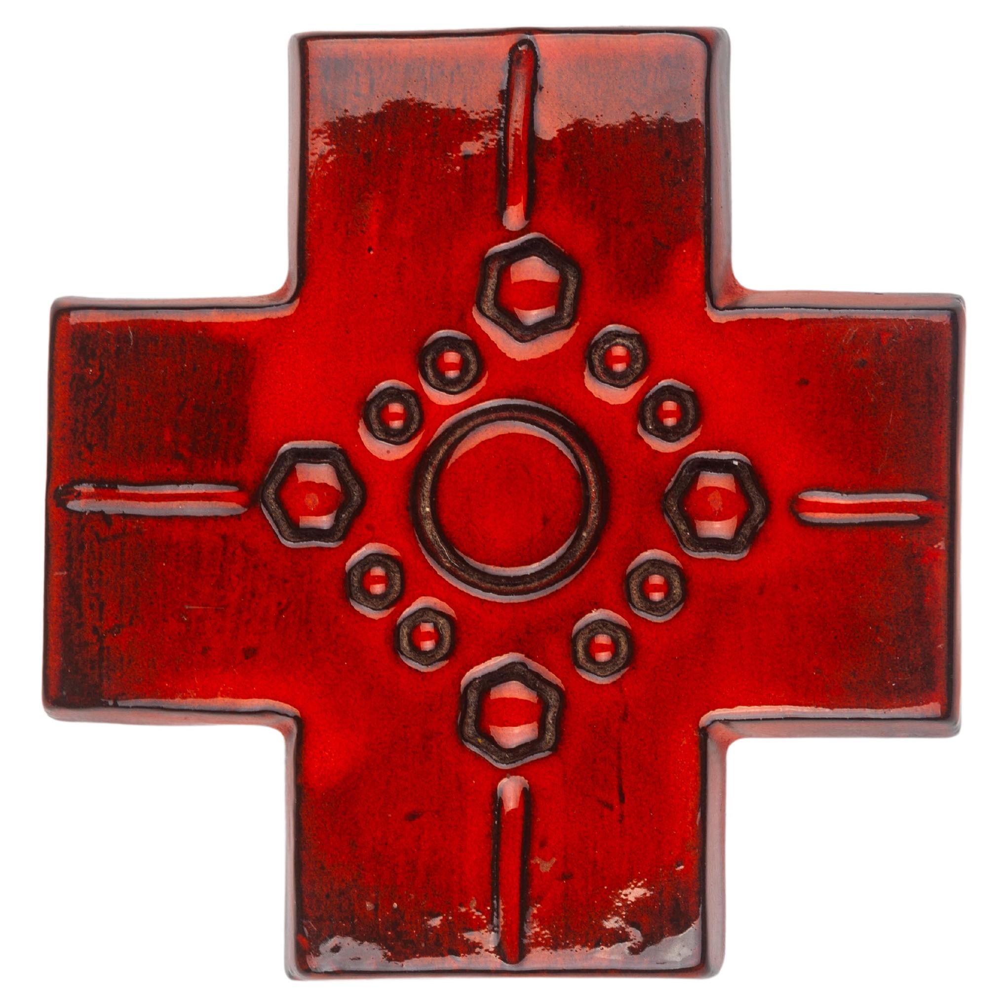 Red-Orange Glossy Ceramic Cross, Symmetrical Design with Circle Embellishments For Sale