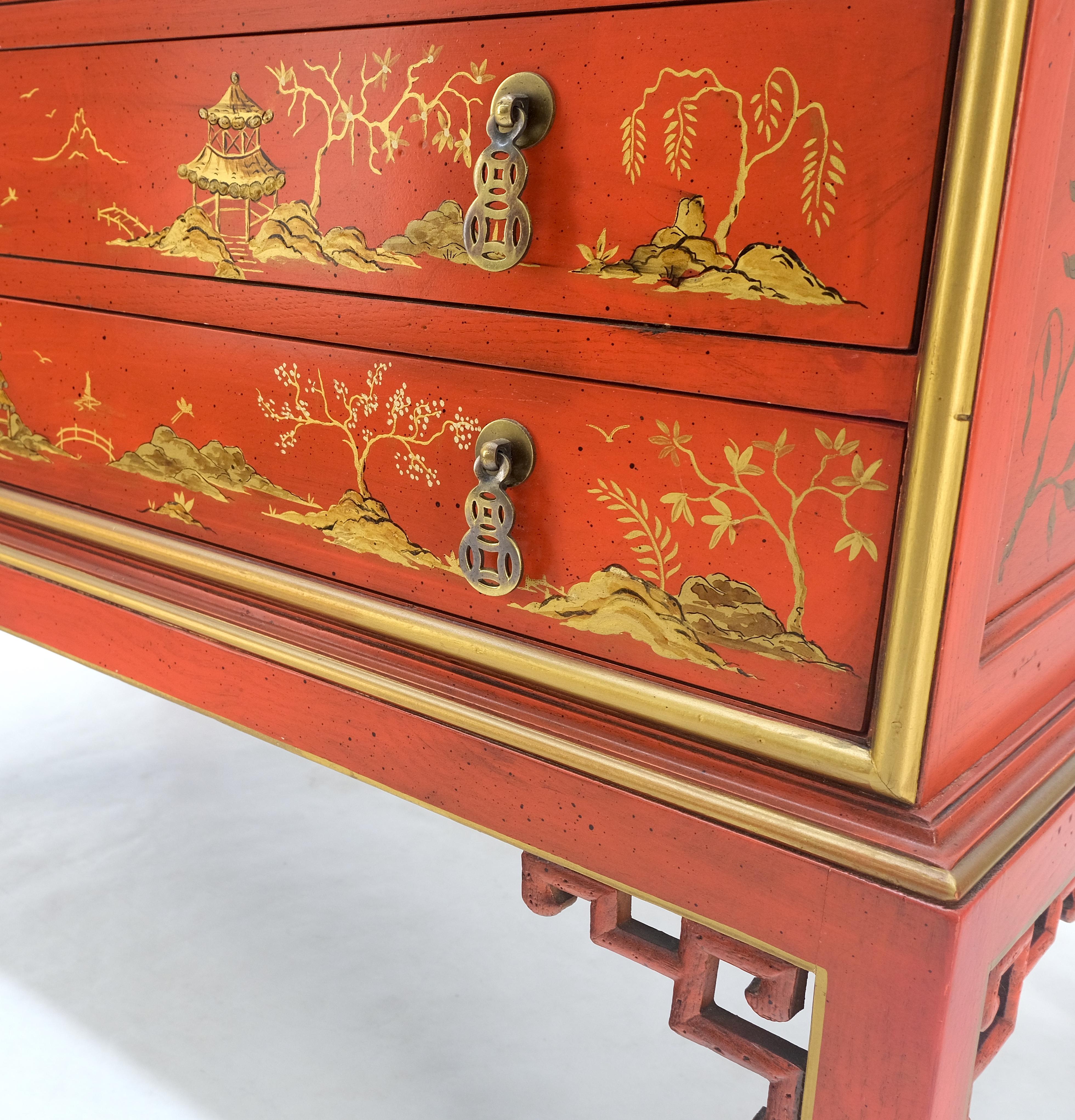 Red Orange Lacquer Chinoiserie Hand Painted Three Drawers Dresser Large Stand  For Sale 7
