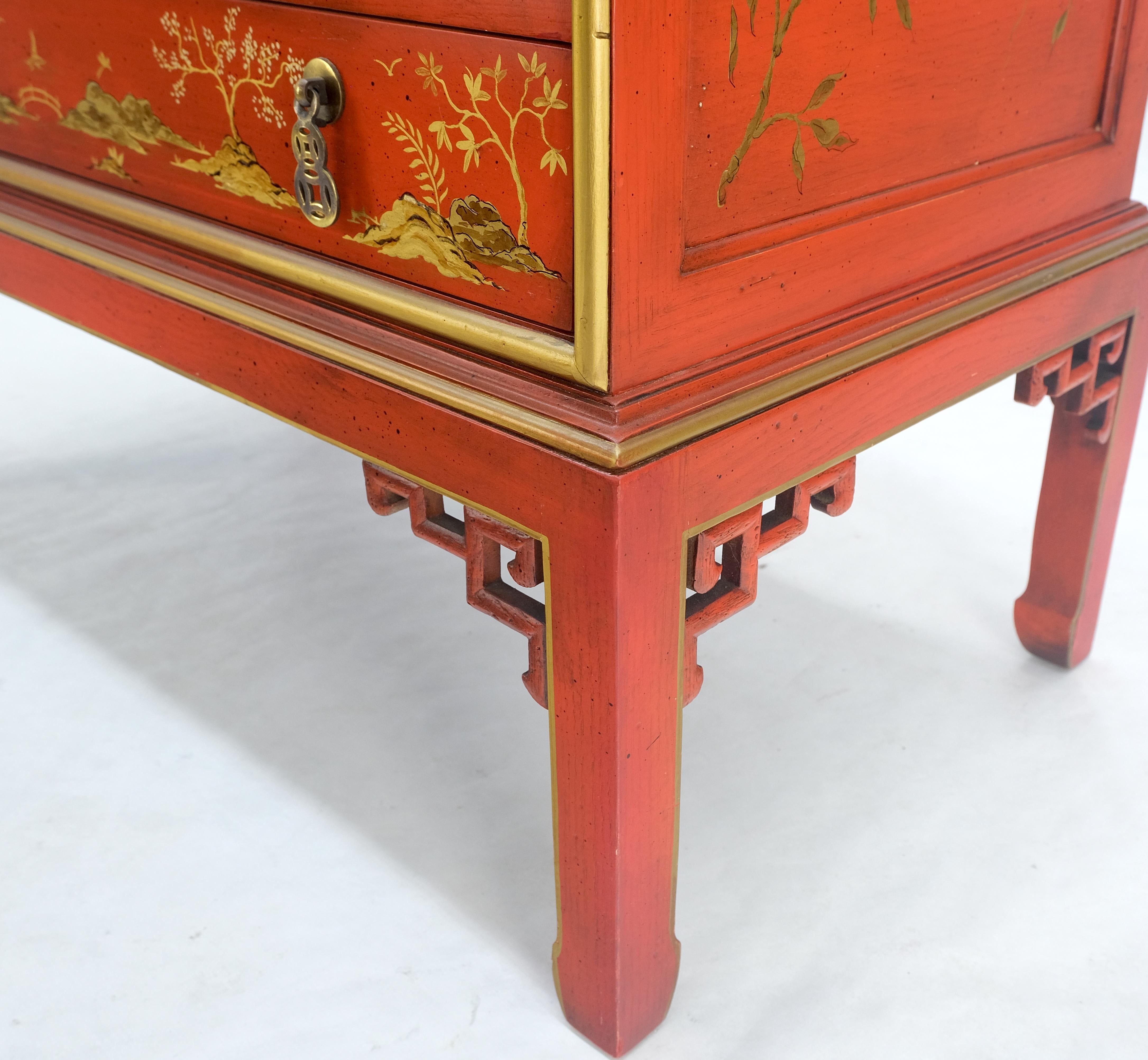 Red Orange Lacquer Chinoiserie Hand Painted Decorated Three Drawers Dresser Bachelor Chest Dresser Large Stand MINT!