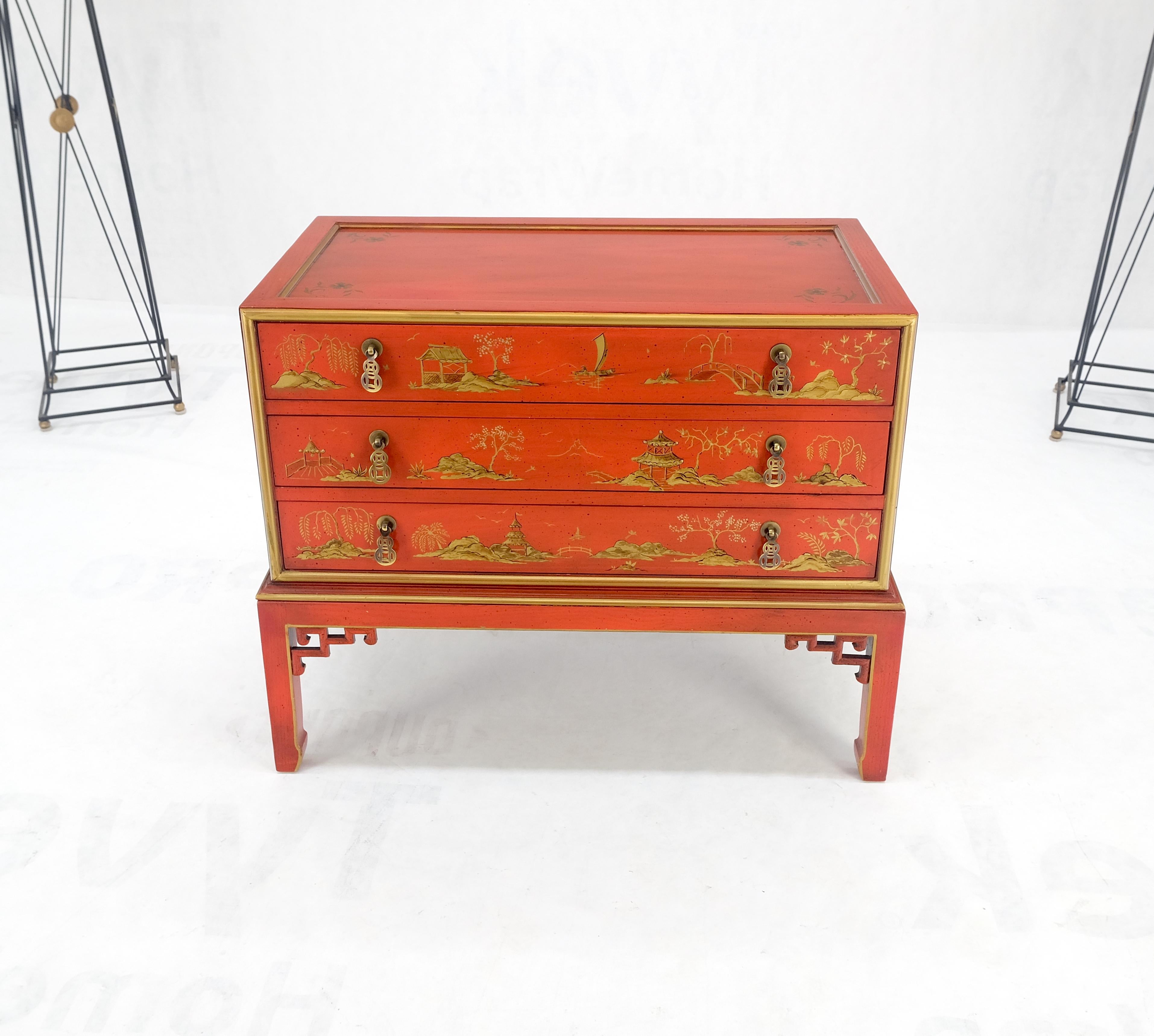 American Red Orange Lacquer Chinoiserie Hand Painted Three Drawers Dresser Large Stand  For Sale