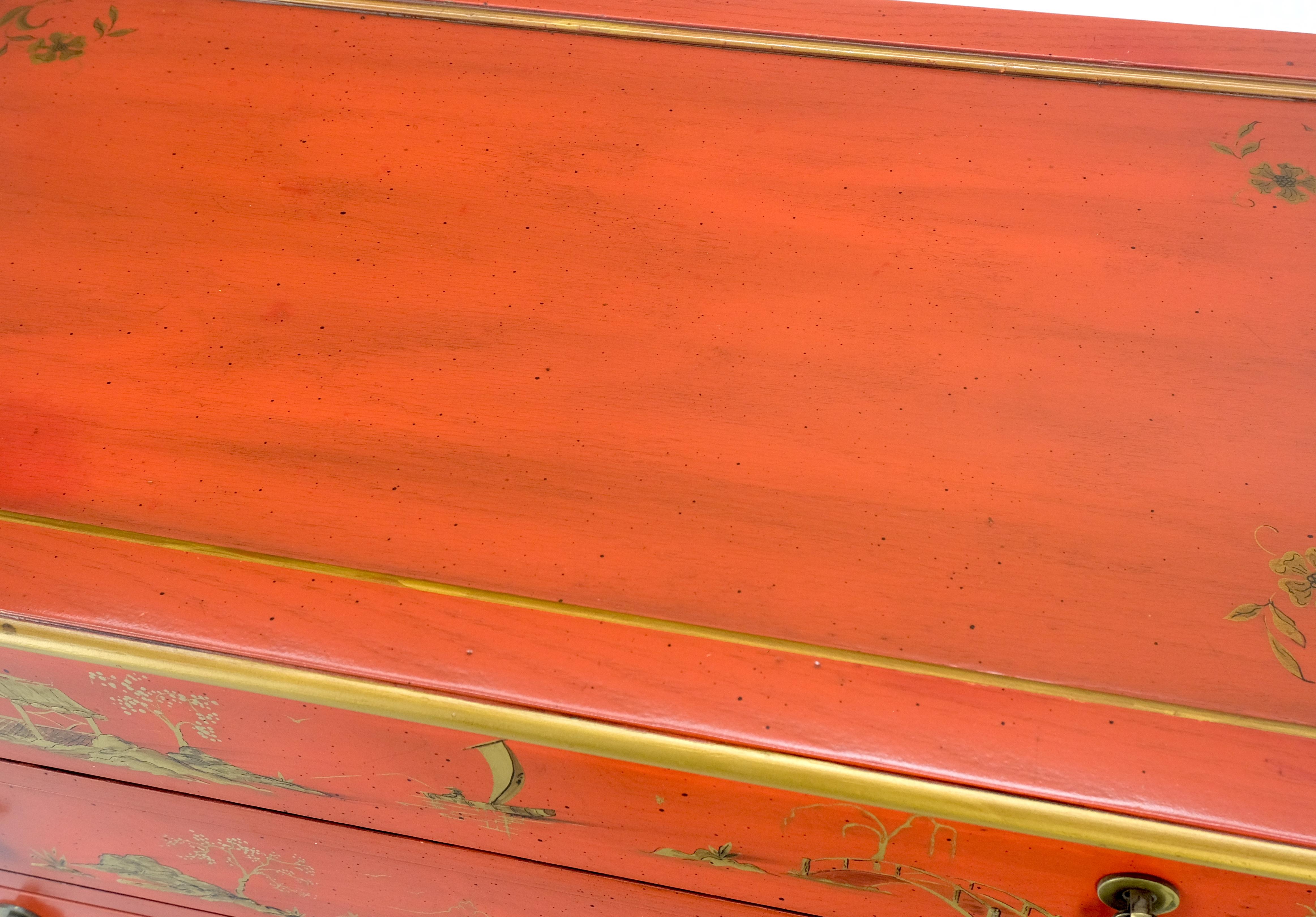 Lacquered Red Orange Lacquer Chinoiserie Hand Painted Three Drawers Dresser Large Stand  For Sale