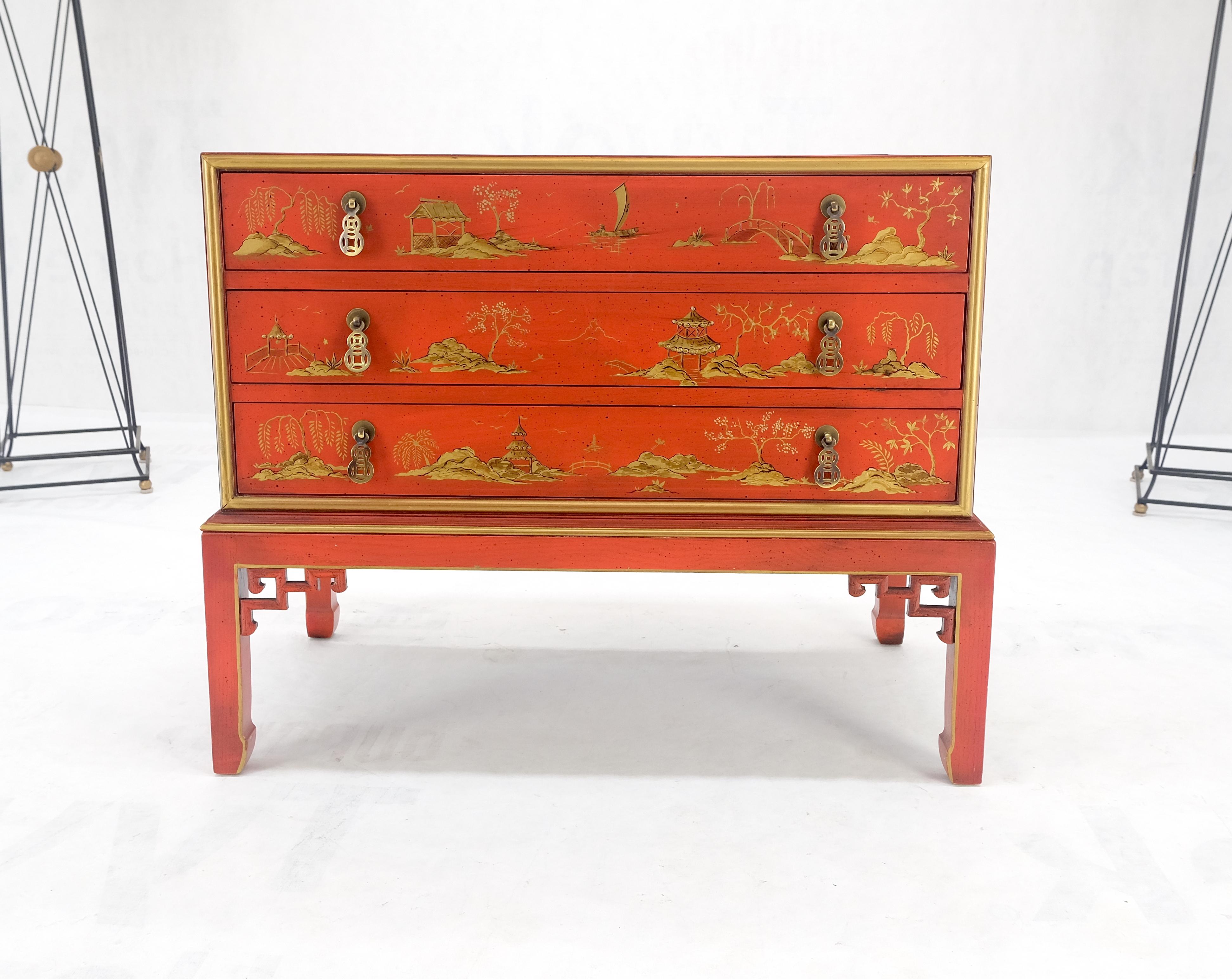 Red Orange Lacquer Chinoiserie Hand Painted Three Drawers Dresser Large Stand  In Excellent Condition For Sale In Rockaway, NJ