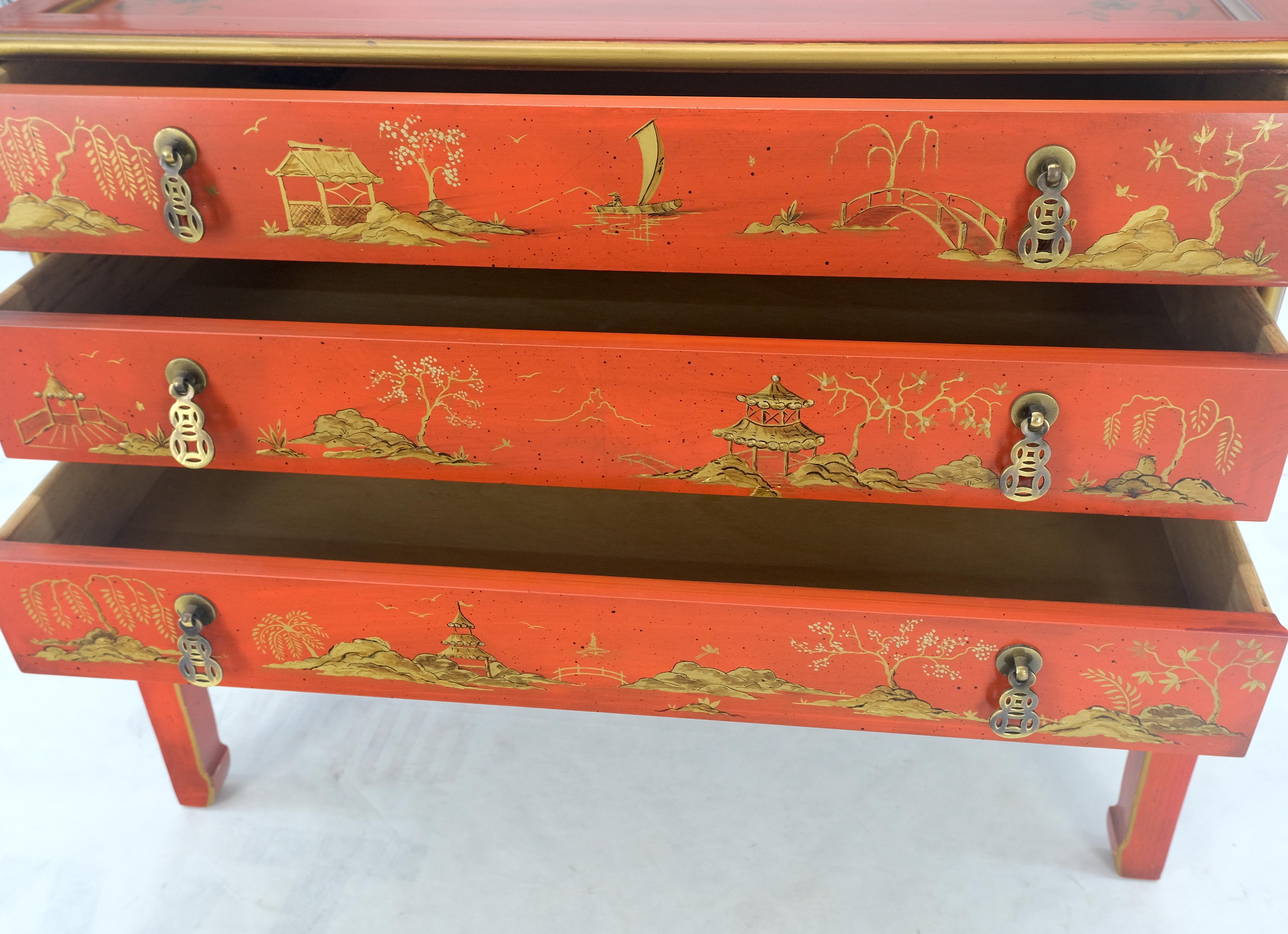 Red Orange Lacquer Chinoiserie Hand Painted Three Drawers Dresser Large Stand  In Excellent Condition For Sale In Rockaway, NJ